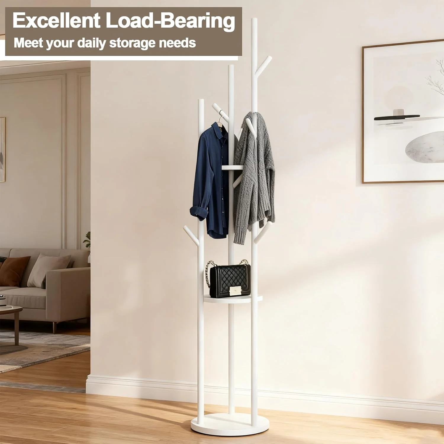 جالباسی ایستاده، جالباسی مدرن با 3 طبقه و 9 آویز، جالباسی فلزی، آویز درختی با پایه مرمر، مناسب ورودی، راهرو، اتاق خواب - سفید