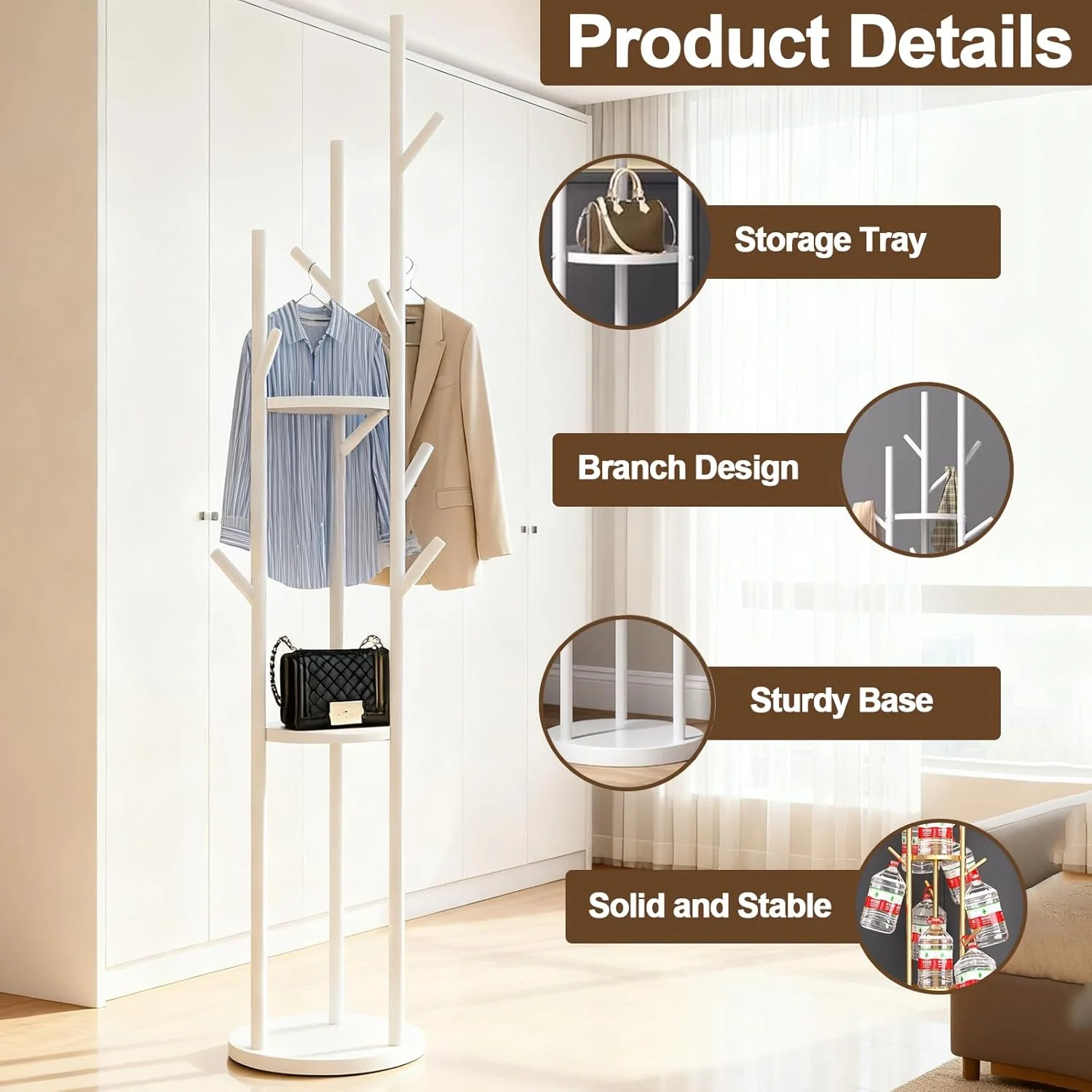 جالباسی ایستاده، جالباسی مدرن با 3 طبقه و 9 آویز، جالباسی فلزی، آویز درختی با پایه مرمر، مناسب ورودی، راهرو، اتاق خواب - سفید