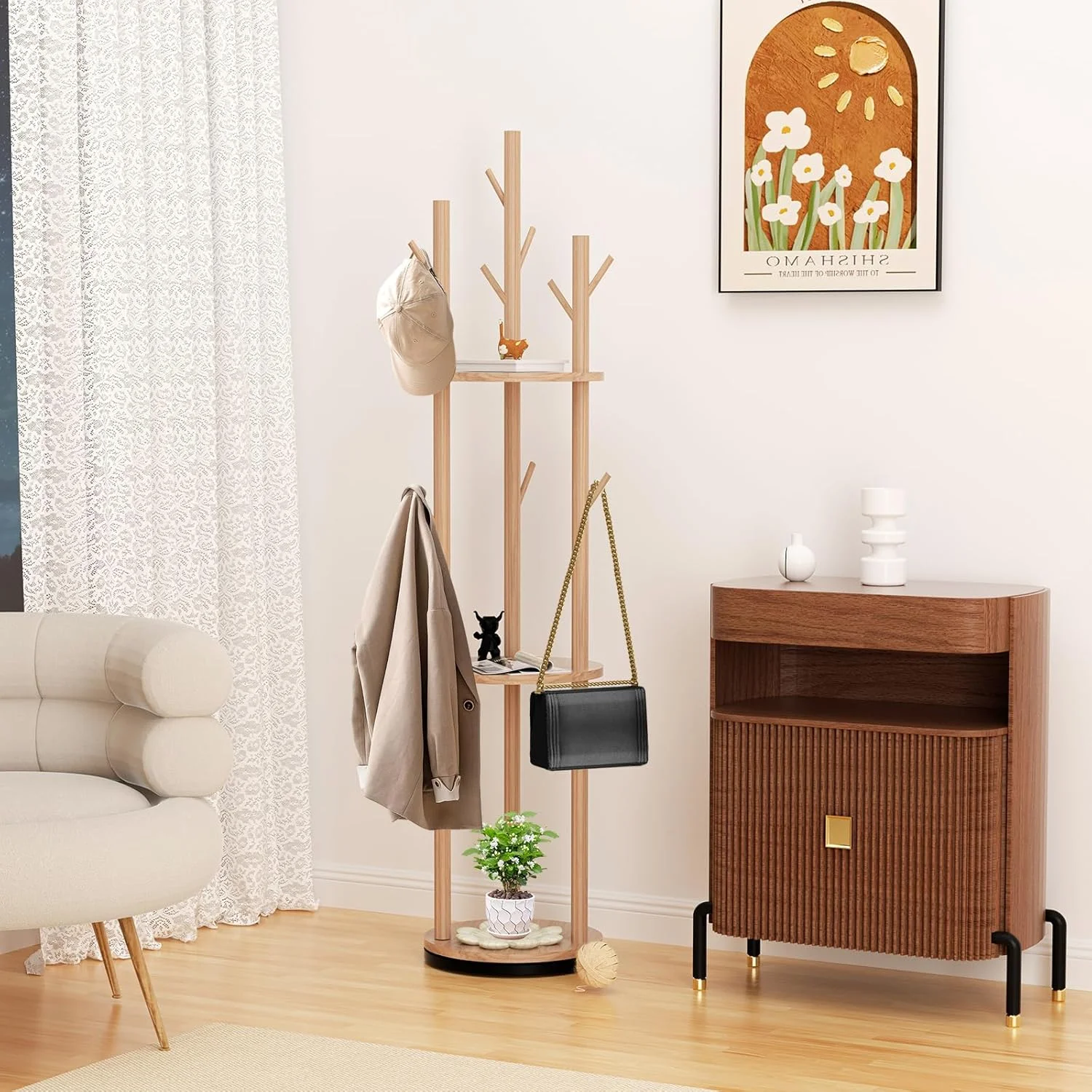 رخت آویز چرخشی سه طبقه، پایه ایستاده چوبی با 3 قفسه و 9 آویز، مناسب برای لباس، کیف و کلاه، قابل استفاده در اتاق خواب، ورودی منزل و اتاق نشیمن (چوب طبیعی)