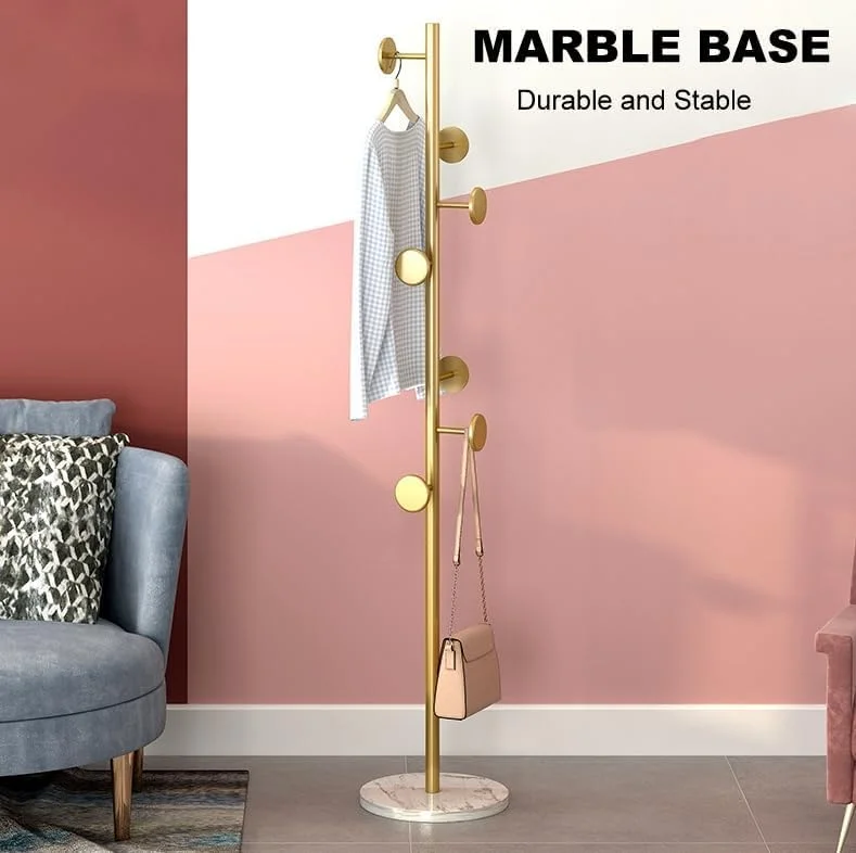 جالباسی فلزی ایستاده با پایه مرمر، جالباسی چند منظوره عمودی، جالباسی درختی ایستاده پایدار با 7 آویز، مناسب برای آویزان کردن لباس، کلاه، کیف در اتاق خواب، نشیمن و اداره