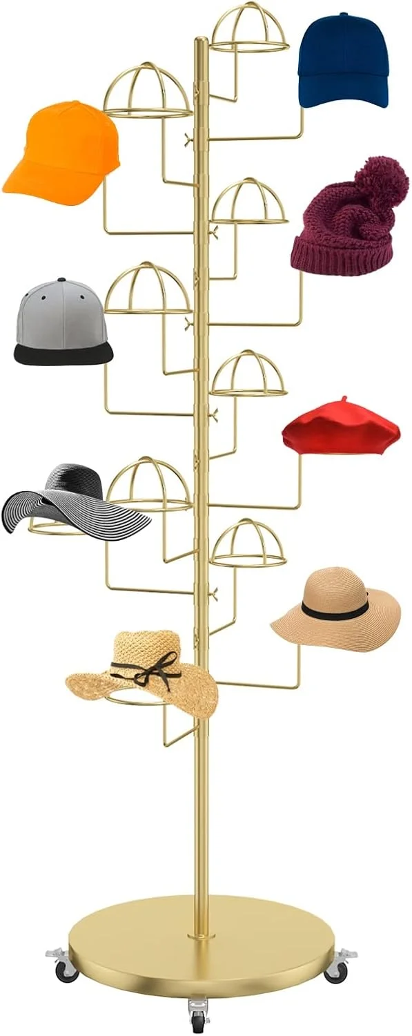 استند کلاه چرخ دار ایستاده - قفسه فلزی قابل تنظیم برای کلاه بیسبال با 15 جیب مناسب برای ورودی، رختشورخانه، حمام - نگهدارنده کلاه مشکی شیک (طلایی - 15 جیب)