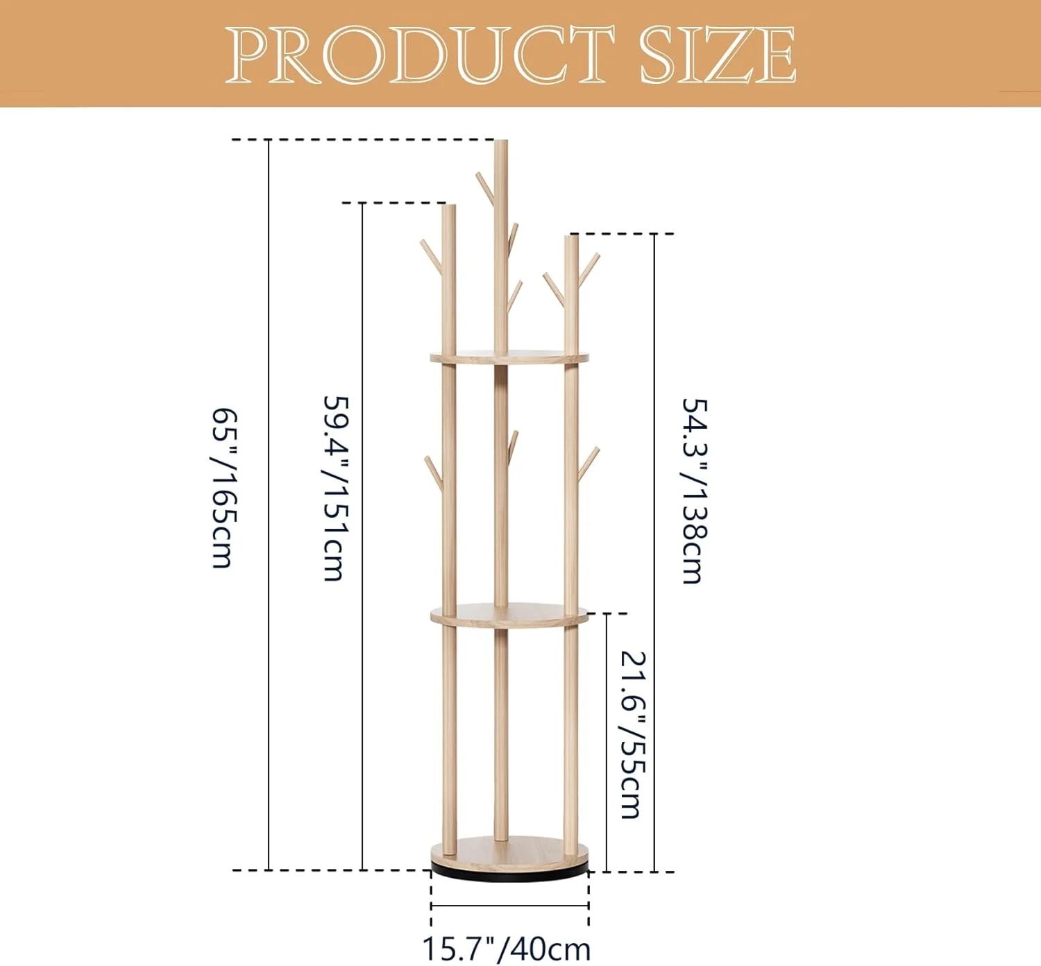 رخت آویز چرخشی سه طبقه، پایه ایستاده چوبی با 3 قفسه و 9 آویز، مناسب برای لباس، کیف و کلاه، قابل استفاده در اتاق خواب، ورودی منزل و اتاق نشیمن (چوب طبیعی)