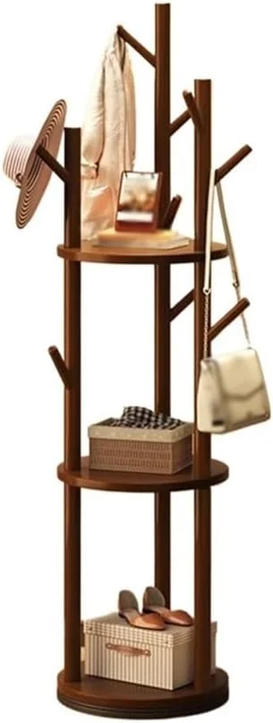 چوب لباسی ایستاده چوبی چرخان، آویز لباس زمینی، قفسه ذخیره سازی خانگی اتاق خواب، قفسه لباس عمودی اتاق نشیمن، آویز کلاه ورودی (قهوه ای)