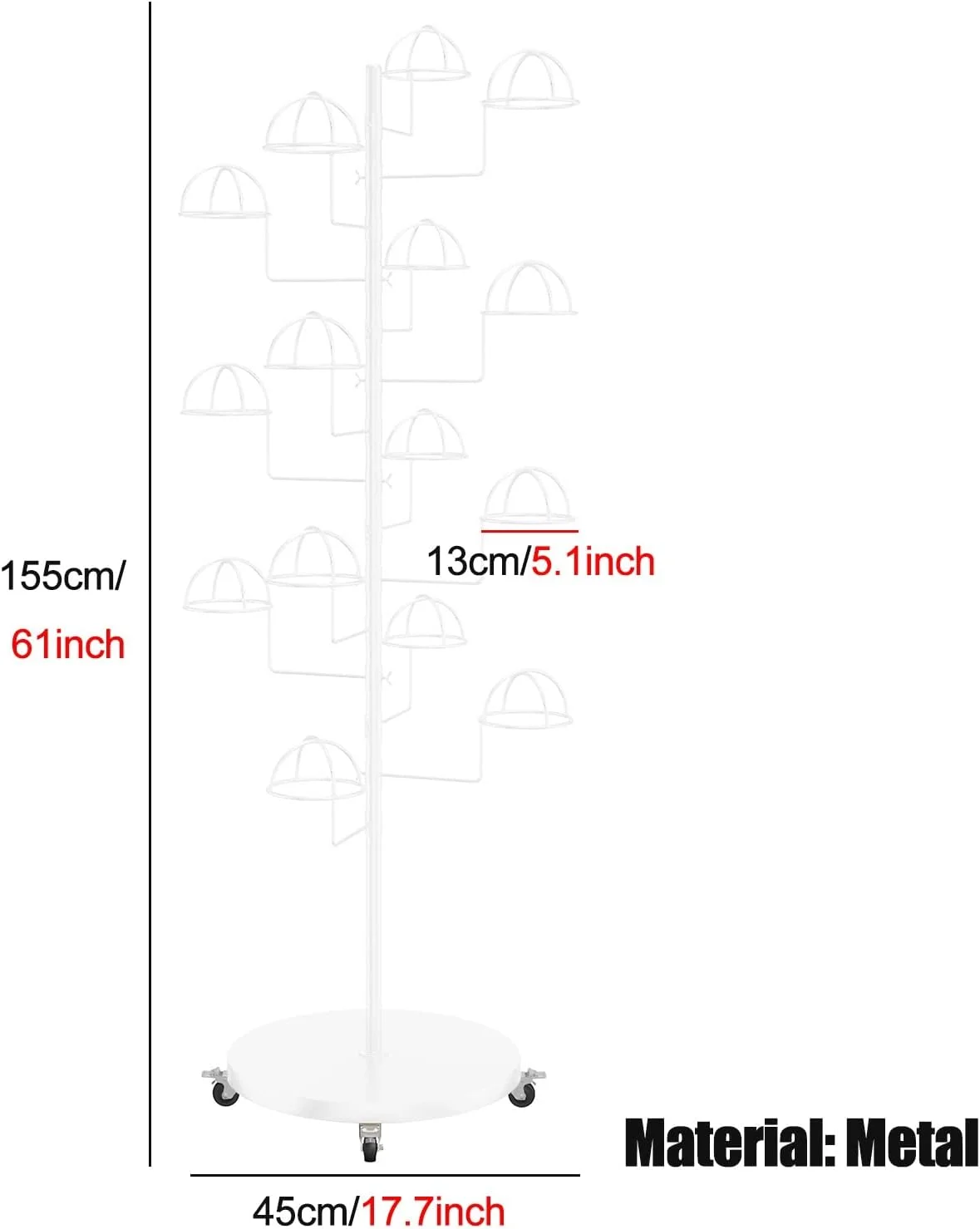 استند کلاه چرخ دار ایستاده - قفسه فلزی قابل تنظیم برای کلاه بیسبال با 15 جیب مناسب برای ورودی، رختشورخانه، حمام - نگهدارنده کلاه مشکی شیک (طلایی - 15 جیب)