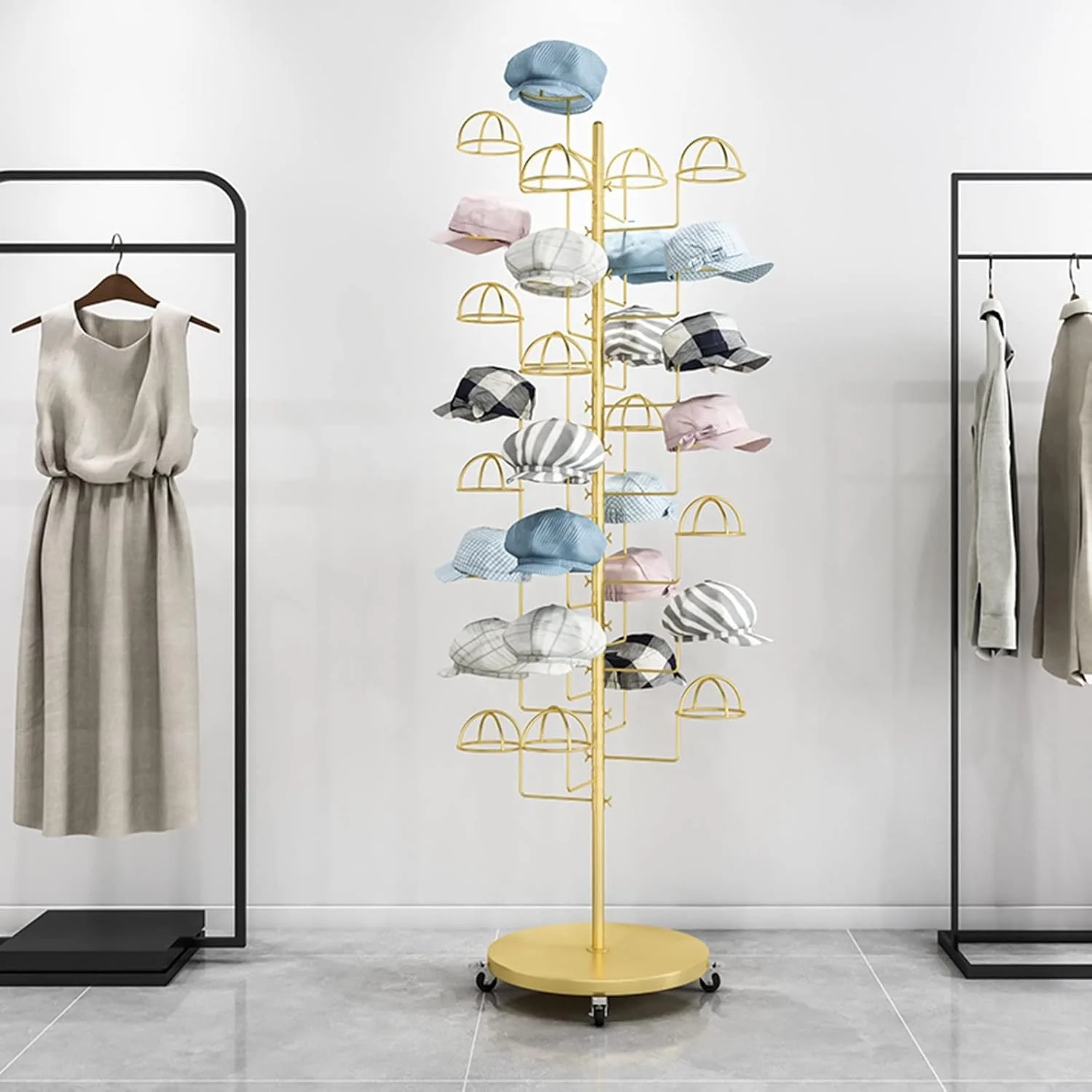 استند کلاه چرخ دار ایستاده - قفسه فلزی قابل تنظیم برای کلاه بیسبال با 15 جیب مناسب برای ورودی، رختشورخانه، حمام - نگهدارنده کلاه مشکی شیک (طلایی - 15 جیب)