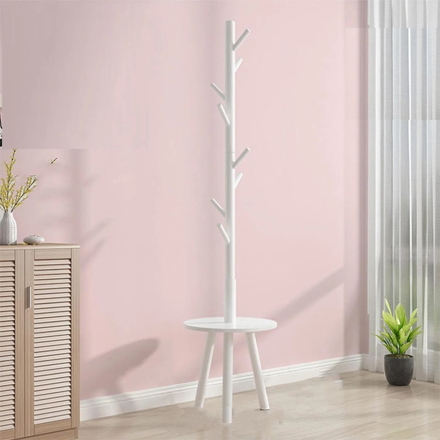 جالباسی ایستاده درختی با ۸ آویز، جالباسی مدرن، آویز لباس با پایه مثلثی و قفسه برای نگهداری، مناسب منزل، اتاق خواب و اداره (سفید)