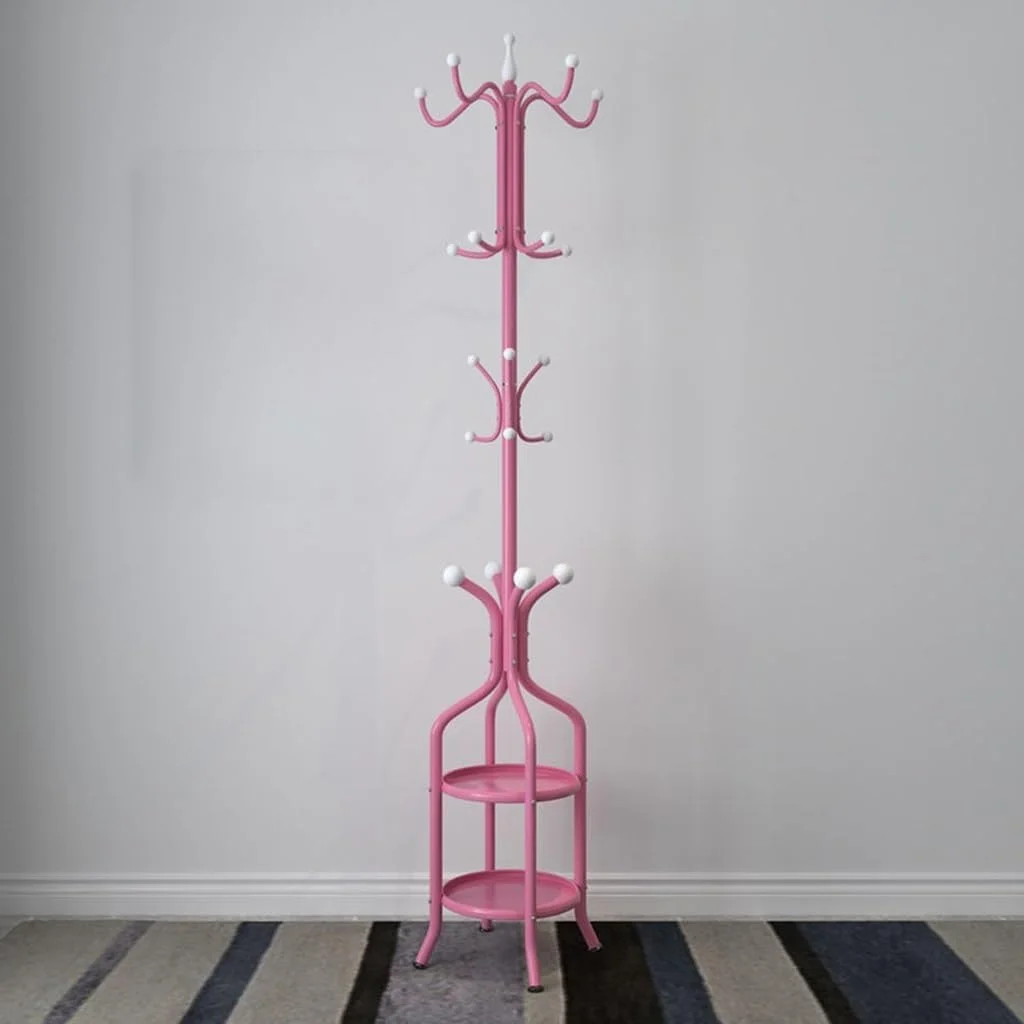 جالباسی فلزی ایستاده با جای چتر، دارای 12 آویز، مناسب ورودی منزل و راهرو، به همراه قفسه، استند شیک برای لباس، کیف و کلاه - نظم دهنده مدرن منزل (صورتی)