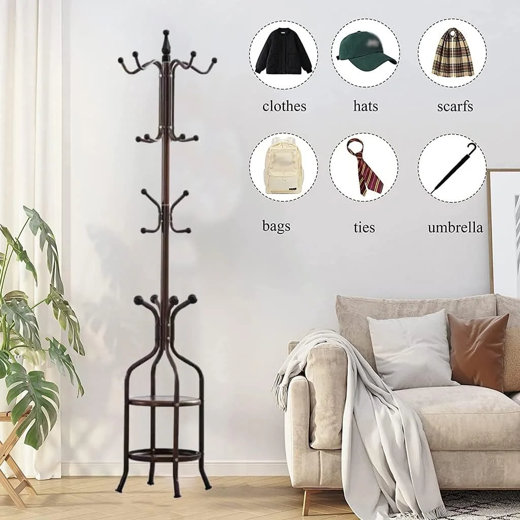 جالباسی فلزی ایستاده با جای چتر، دارای 12 آویز، مناسب ورودی منزل و راهرو، به همراه قفسه، استند شیک برای لباس، کیف و کلاه - نظم دهنده مدرن منزل (صورتی)