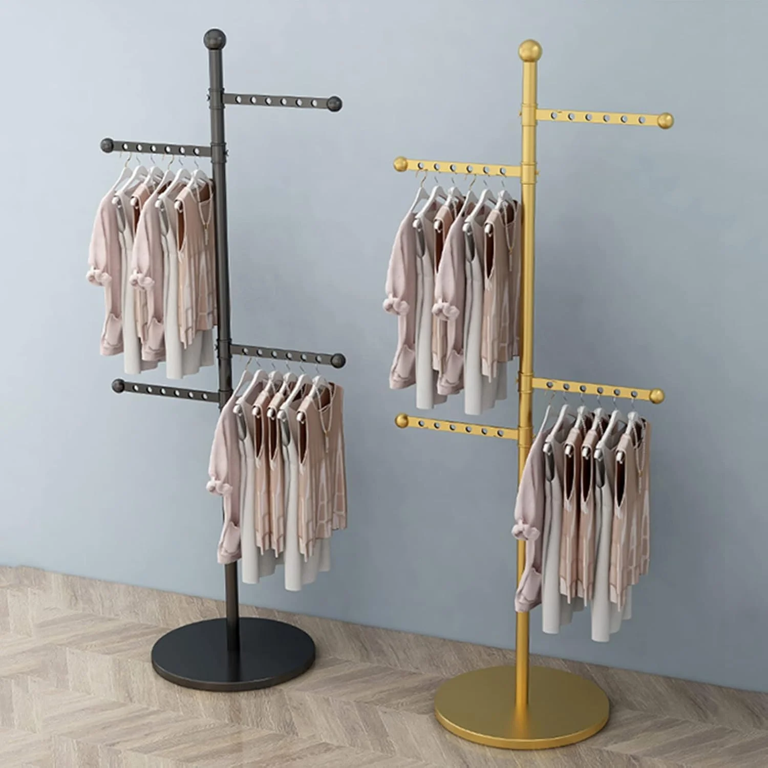 رگال لباس فلزی با طراحی ضد باد و پایه سه رنگ، میله آویز لباس، ریل لباس نفیس برای آویزان کردن لباس، کلاه و کیف (طلایی)