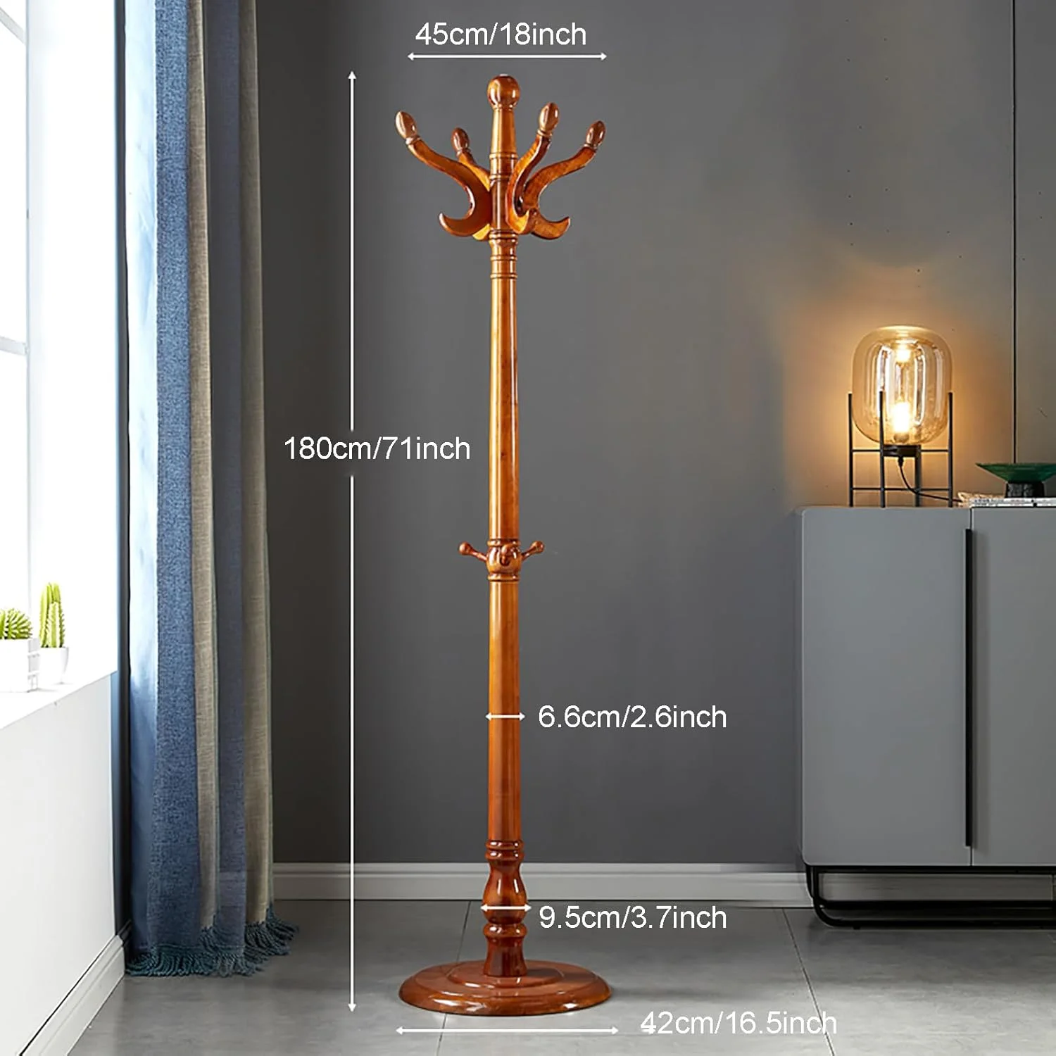 جالباسی ایستاده چوبی محکم با پایه گرد، آویز لباس، کلاه، کیف و چتر - ارتفاع ۱۸۰ سانتی متر، رنگ قهوه ای