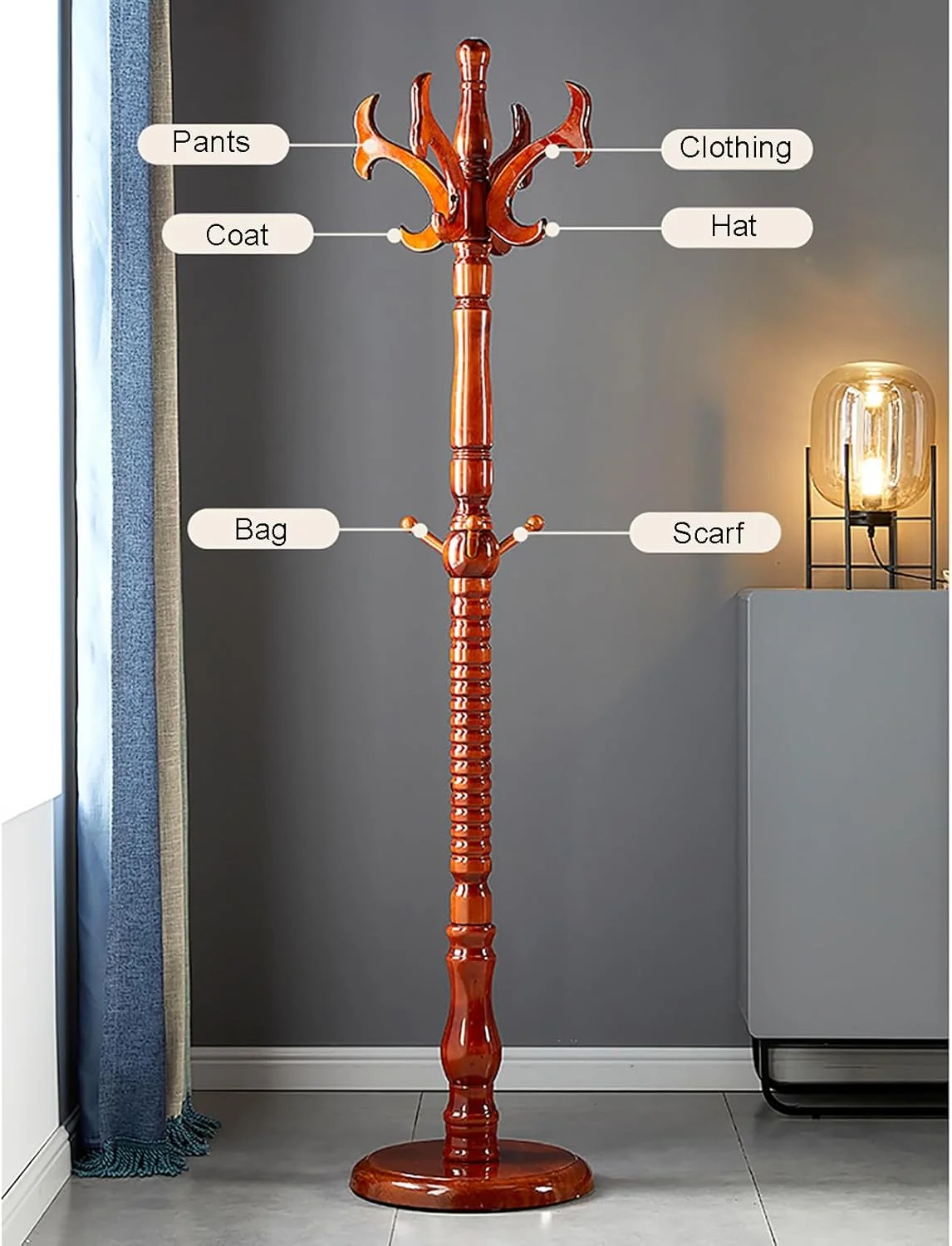 جالباسی ایستاده چوبی محکم با پایه گرد، آویز لباس، کلاه، کیف و چتر - ارتفاع ۱۸۰ سانتی متر، رنگ قهوه ای