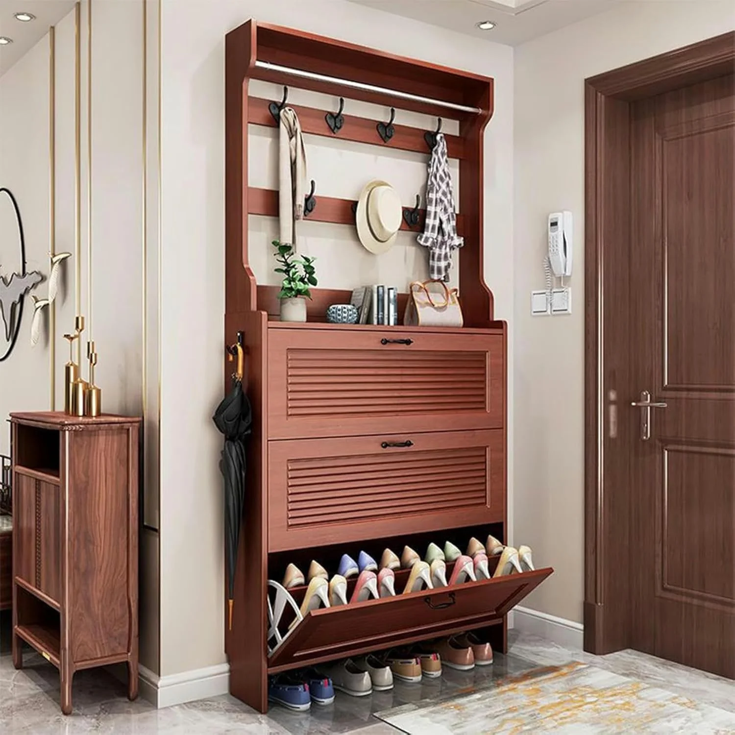 ورودی مبلمان برای نگهداری کفش با رخت آویز، قفسه کفش و قلاب برای کت، رخت آویز با کشوهای تاشو و محفظه بالایی، کمد ذخیره سازی برای ورودی (D-50X17X208Cm) ورودی مبلمان برای نگهداری کفش با رخت آویز، قفسه کفش و قلاب برای کت، رخت آویز با کشوهای تاشو و محفظه بالایی، کمد ذخیره سازی برای ورودی (D-50X17X208Cm)