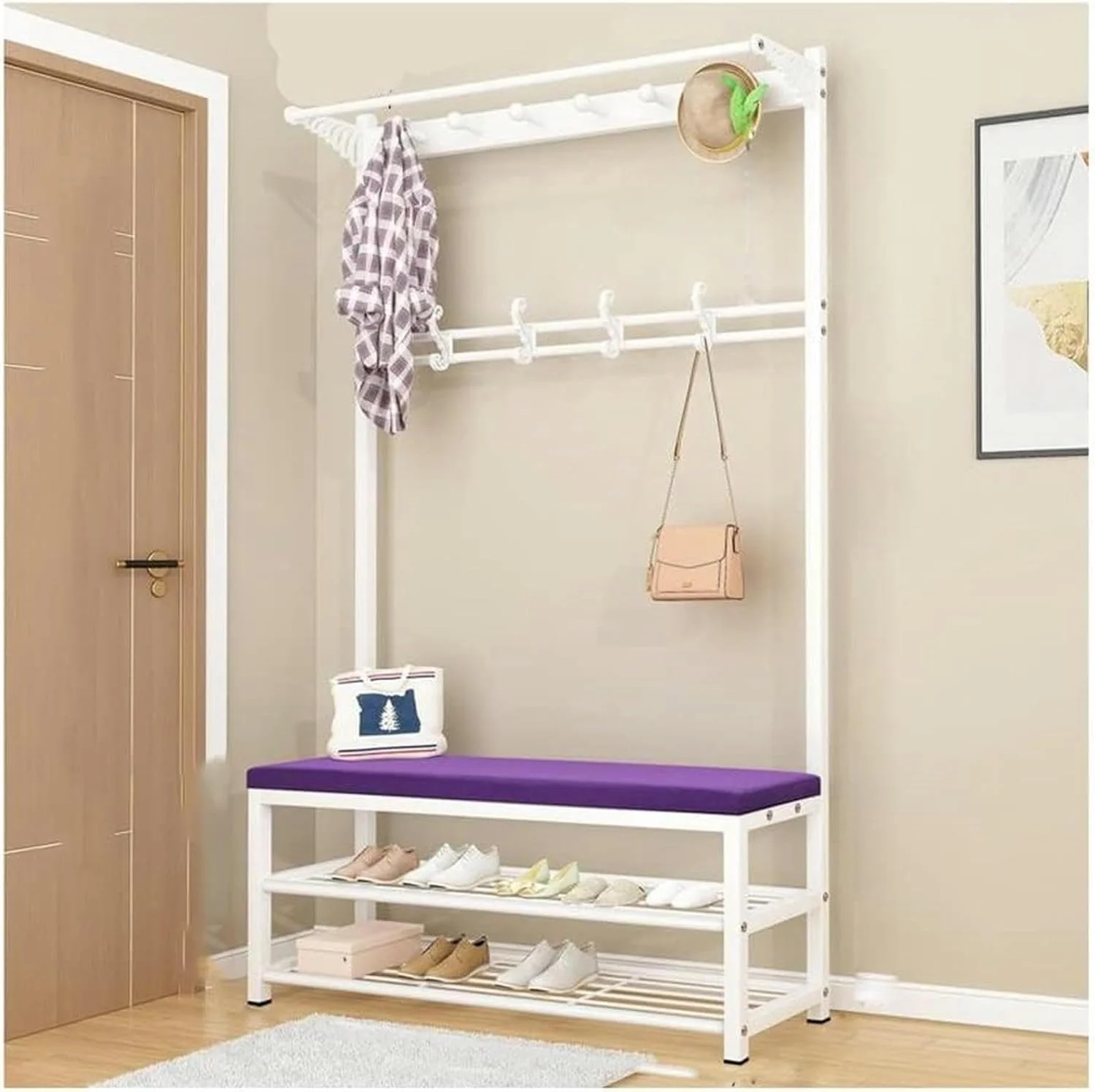 رخت آویز ایستاده 4 در 1 با جاکفشی، سازمان دهنده وسایل ورودی منزل، دارای قلاب های فلزی و مونتاژ آسان (سفید بنفش - 100X33X170 سانتی متر) رخت آویز ایستاده 4 در 1 با جاکفشی، سازمان دهنده وسایل ورودی منزل، دارای قلاب های فلزی و مونتاژ آسان (سفید بنفش - 100X33X170 سانتی متر)