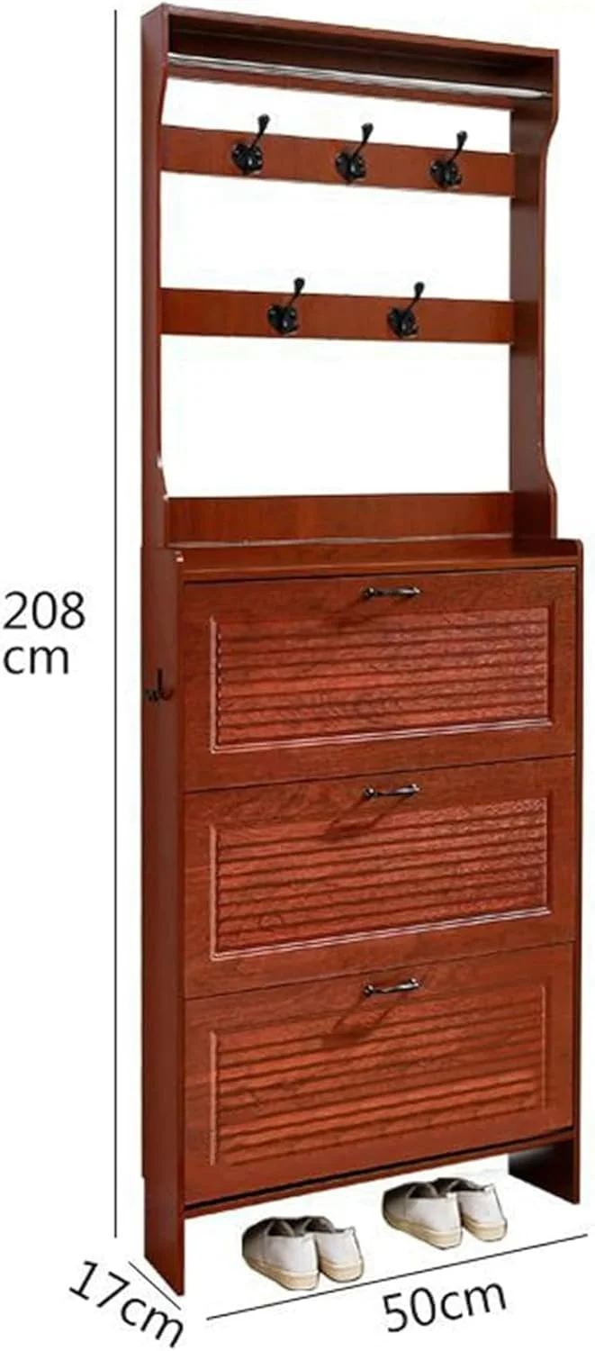ورودی مبلمان برای نگهداری کفش با رخت آویز، قفسه کفش و قلاب برای کت، رخت آویز با کشوهای تاشو و محفظه بالایی، کمد ذخیره سازی برای ورودی (D-50X17X208Cm)