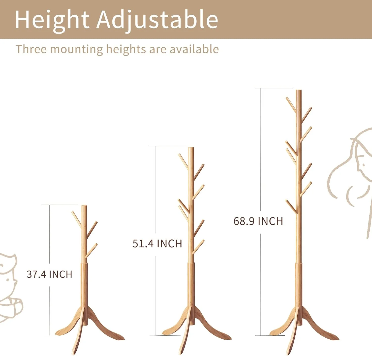 جالباسی ایستاده بامبو با ۸ آویز برای کت، کیف، شال و چتر