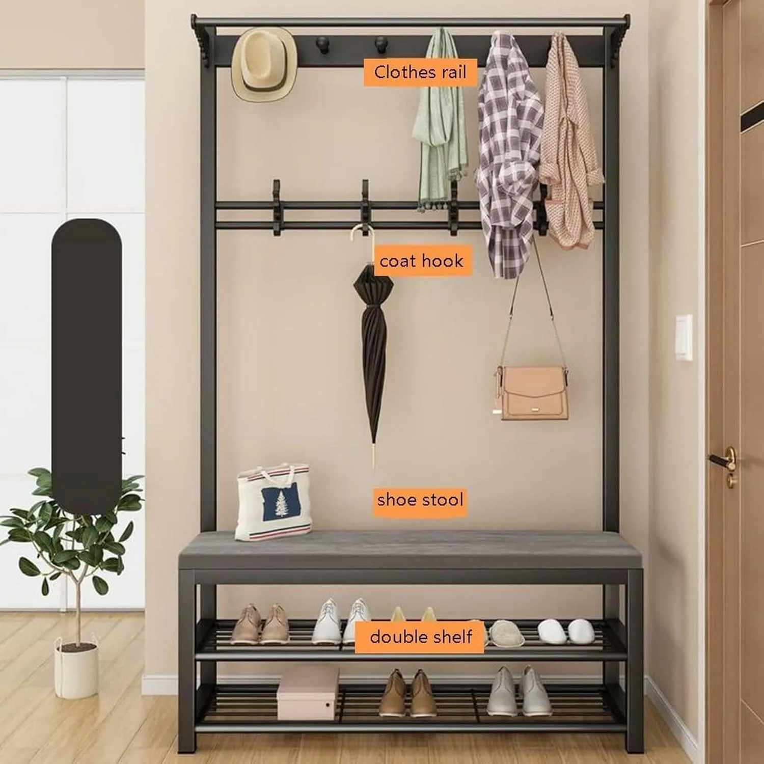 رخت آویز ایستاده 4 در 1 با جاکفشی، سازمان دهنده وسایل ورودی منزل، دارای قلاب های فلزی و مونتاژ آسان (سفید بنفش - 100X33X170 سانتی متر)