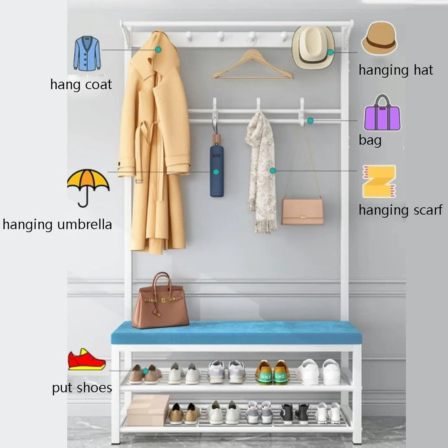 رخت آویز ایستاده 4 در 1 با جاکفشی، سازمان دهنده وسایل ورودی منزل، دارای قلاب های فلزی و مونتاژ آسان (سفید بنفش - 100X33X170 سانتی متر)