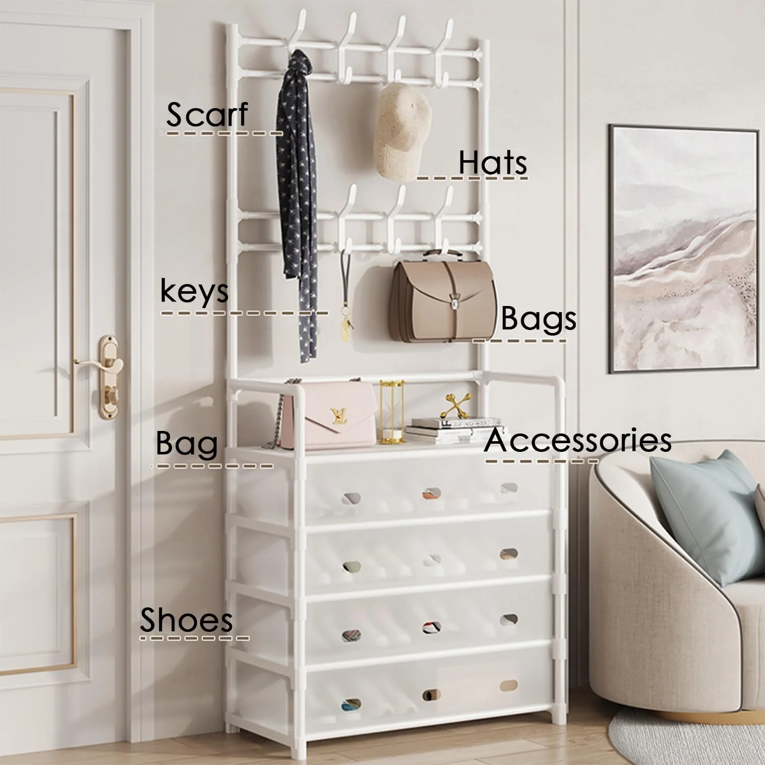 جاکفشی و کلاه چند منظوره، رخت آویز، جاکفشی مستقل، ضد گرد و غبار، قفسه نگهداری خانگی، قاب کت راهرو، کابینت نگهداری اتاق خواب، رختکن (سفید)