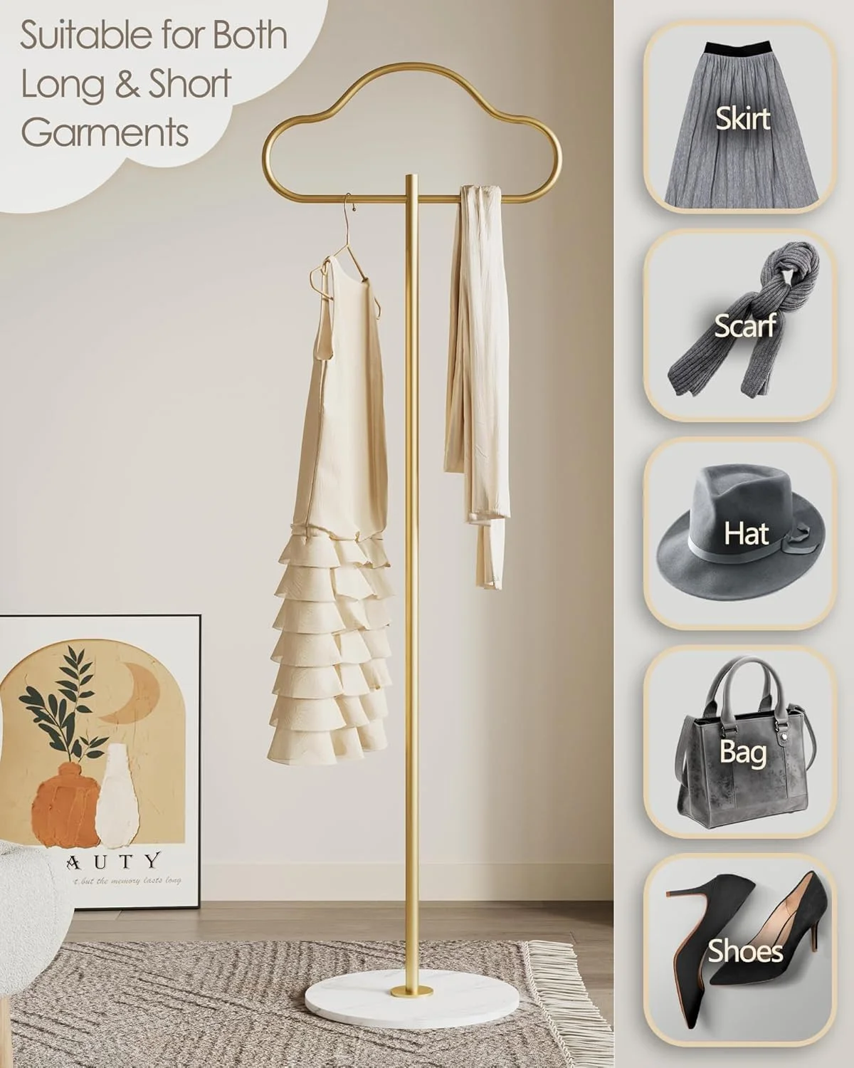 رگال لباس طلایی با پایه مرمر سنگین - رگال لباس ایستاده، استند نمایش پیراهن و لباس، رگال فلزی کوچک ایستاده برای گوشه، اتاق خواب، بوتیک، ورودی