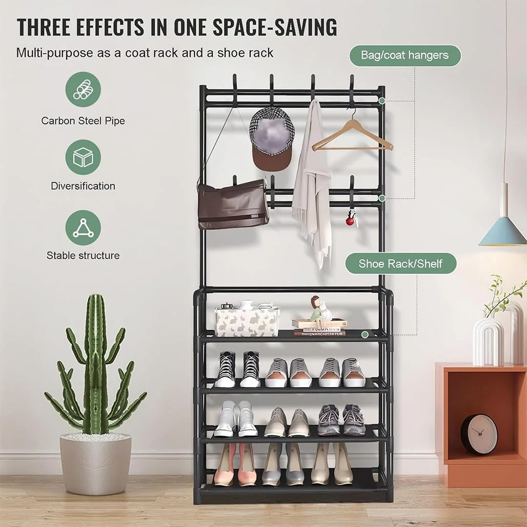 جالباسی ایستاده ۴ طبقه Goodern با قفسه کفش، ارگنایزر کفش ۳ در ۱ ورودی منزل با ۸ آویز، قفسه لوله‌های فلزی درخت سالن ایستاده برای نگهداری کفش، آویز لباس برای کلاه، اتاق نشیمن، اتاق خواب - مشکی