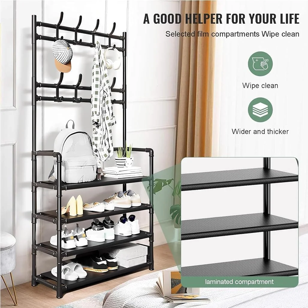 جالباسی ایستاده ۴ طبقه Goodern با قفسه کفش، ارگنایزر کفش ۳ در ۱ ورودی منزل با ۸ آویز، قفسه لوله‌های فلزی درخت سالن ایستاده برای نگهداری کفش، آویز لباس برای کلاه، اتاق نشیمن، اتاق خواب - مشکی