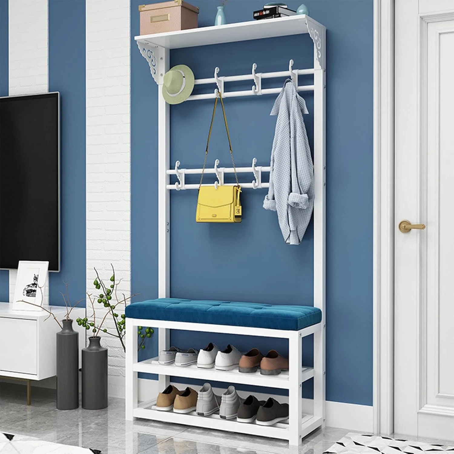 جالباسی ایستاده ۳ در ۱ با نیمکت و محل نگهداری کفش - جالباسی چوبی و قفسه کفش مناسب اتاق نشیمن، اتاق خواب و دفتر کار خانگی - طراحی شیک با قاب فلزی (مشکی - ۱۰۰ سانتی متر) جالباسی ایستاده ۳ در ۱ با نیمکت و محل نگهداری کفش - جالباسی چوبی و قفسه کفش مناسب اتاق نشیمن، اتاق خواب و دفتر کار خانگی - طراحی شیک با قاب فلزی (مشکی - ۱۰۰ سانتی متر)