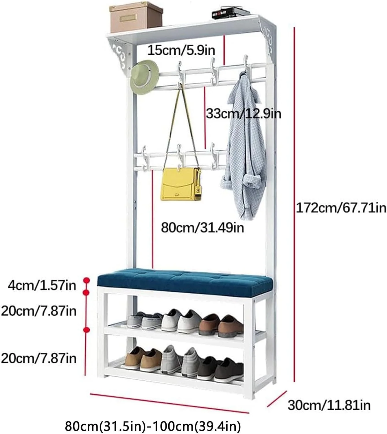 جالباسی ایستاده ۳ در ۱ با نیمکت و محل نگهداری کفش - جالباسی چوبی و قفسه کفش مناسب اتاق نشیمن، اتاق خواب و دفتر کار خانگی - طراحی شیک با قاب فلزی (مشکی - ۱۰۰ سانتی متر)