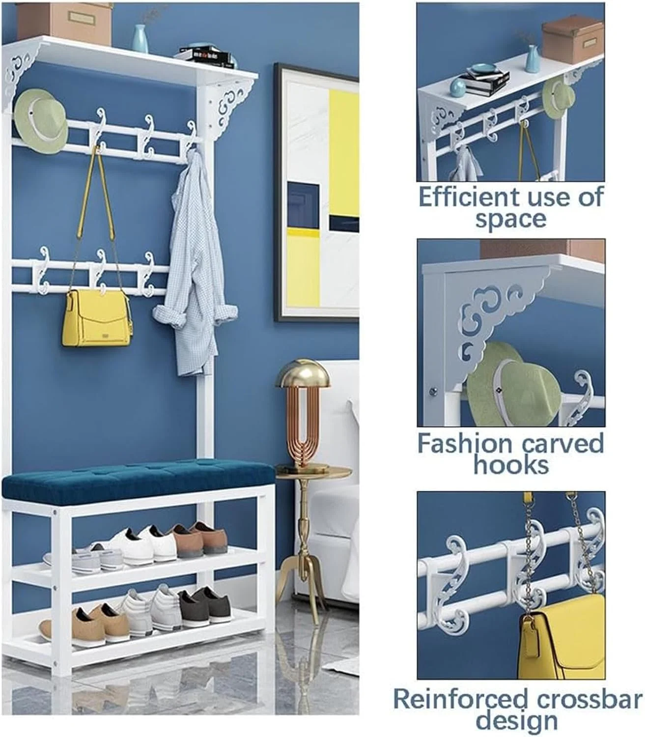 جالباسی ایستاده ۳ در ۱ با نیمکت و محل نگهداری کفش - جالباسی چوبی و قفسه کفش مناسب اتاق نشیمن، اتاق خواب و دفتر کار خانگی - طراحی شیک با قاب فلزی (مشکی - ۱۰۰ سانتی متر)