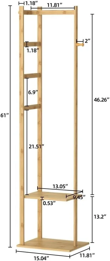 چوب لباسی ایستاده guiling-1986 از جنس بامبو با استحکام بالا، مناسب برای گوشه اتاق، دارای قلاب و قفسه، ایده آل برای اتاق خواب، دفتر کار یا ورودی