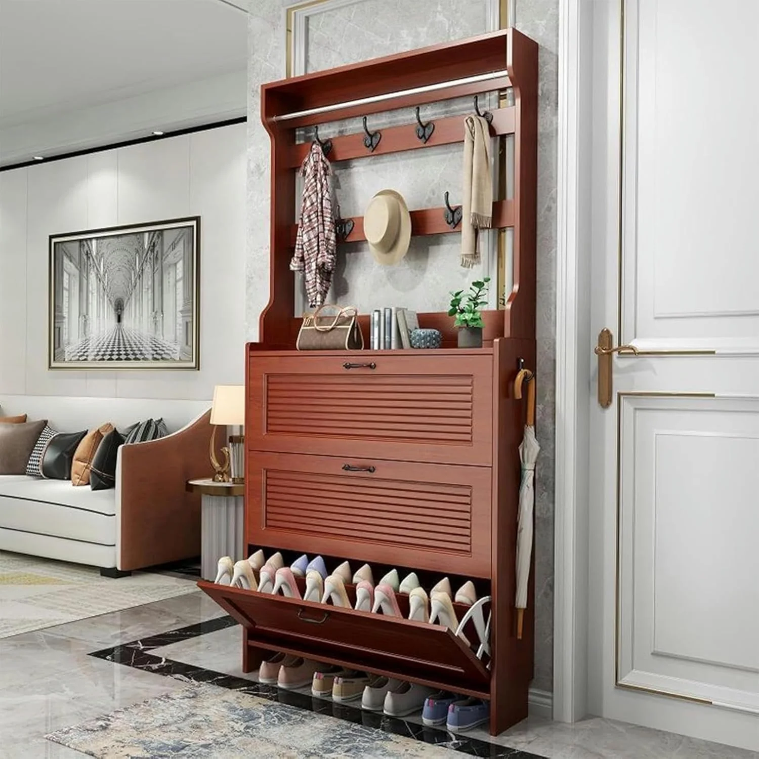 رخت آویز، چوب لباسی با فضای نگهداری کفش، رخت آویز با قفسه بالایی و قلاب، چوب و، برای راهرو، ورودی، دفتر کار (D-60X17X208Cm) رخت آویز، چوب لباسی با فضای نگهداری کفش، رخت آویز با قفسه بالایی و قلاب، چوب و، برای راهرو، ورودی، دفتر کار (D-60X17X208Cm)