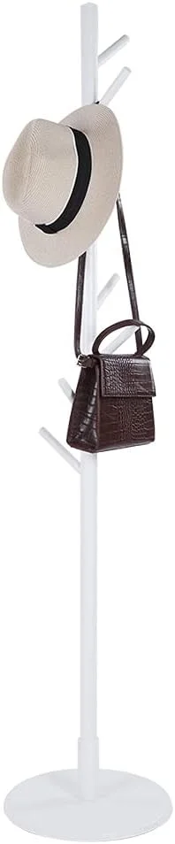 چوب لباسی ایستاده چوبی Haofy، آویز عمودی برای لباس، کلاه، کیف، ژاکت، شال، دستکش، 8 آویز (سفید)