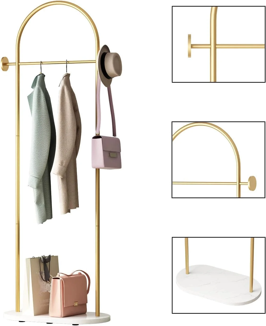 رخت آویز Hcosmy با فلز بادوام - ارتقاء سبک ورودی شما: رخت آویز فلزی قوسی، شیک و همه کاره، ارتفاع 170 سانتی متر، لوله های ضخیم و پایه مرمر برای سازماندهی مدرن (طلایی)
