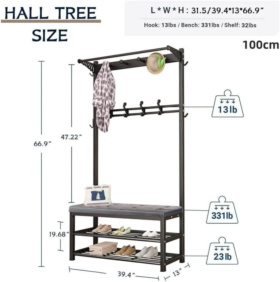 جاکفشی Hcosmy، نیمکت صندلی کفش، جاکفشی و رخت آویز چند منظوره، رخت آویز ایستاده صنعتی با نیمکت، درخت رخت آویز ایستاده، قفسه نگهداری ورودی، برای اتاق نشیمن، راهرو