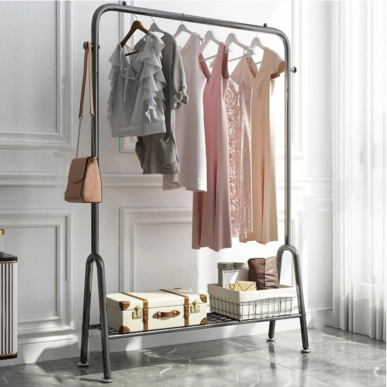 رگال لباس فلزی سنگین - رگال محکم برای خشک کردن و نگهداری لباس با میله بالایی و قفسه کفش - چوب لباسی 150 سانتی متری برای استفاده در منزل و فروشگاه (A-100 سانتی متر) رگال لباس فلزی سنگین - رگال محکم برای خشک کردن و نگهداری لباس با میله بالایی و قفسه کفش - چوب لباسی 150 سانتی متری برای استفاده در منزل و فروشگاه (A-100 سانتی متر)