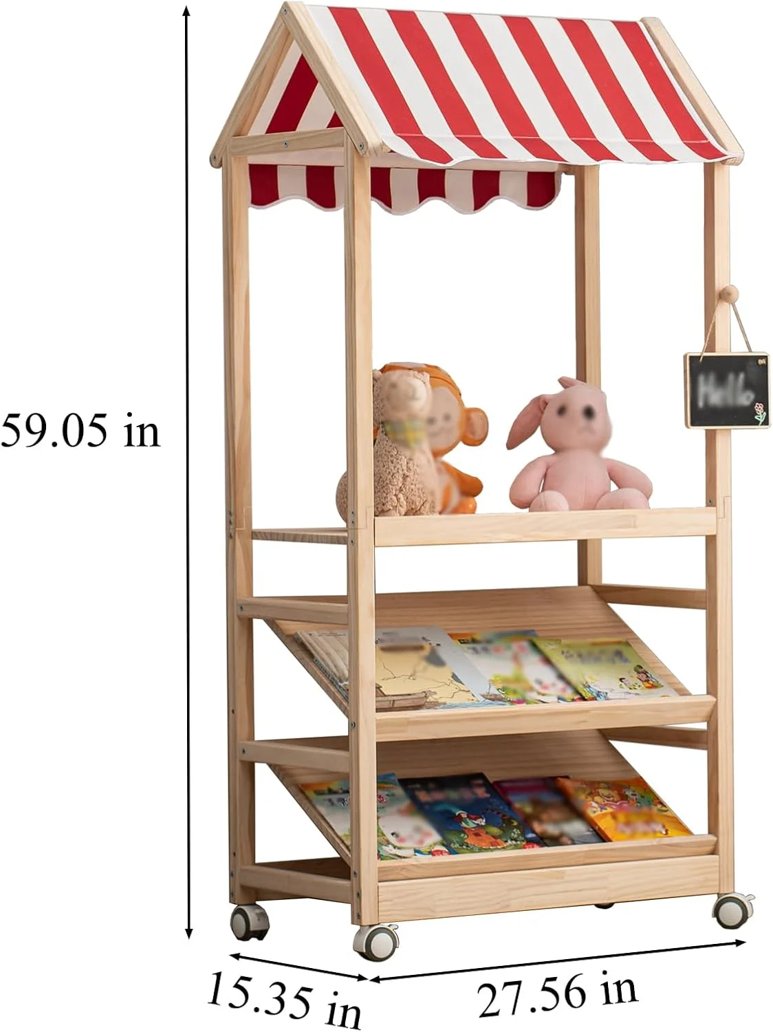 قفسه چوبی سه طبقه HaoGZMZFCL با چرخ‌های قفل‌دار برای جابجایی آسان، مناسب اتاق نشیمن، اتاق خواب، قفسه کتاب چوبی، قفسه لباس برای کتاب، اسباب بازی، لباس، دارای میله (سقف قرمز و سفید)