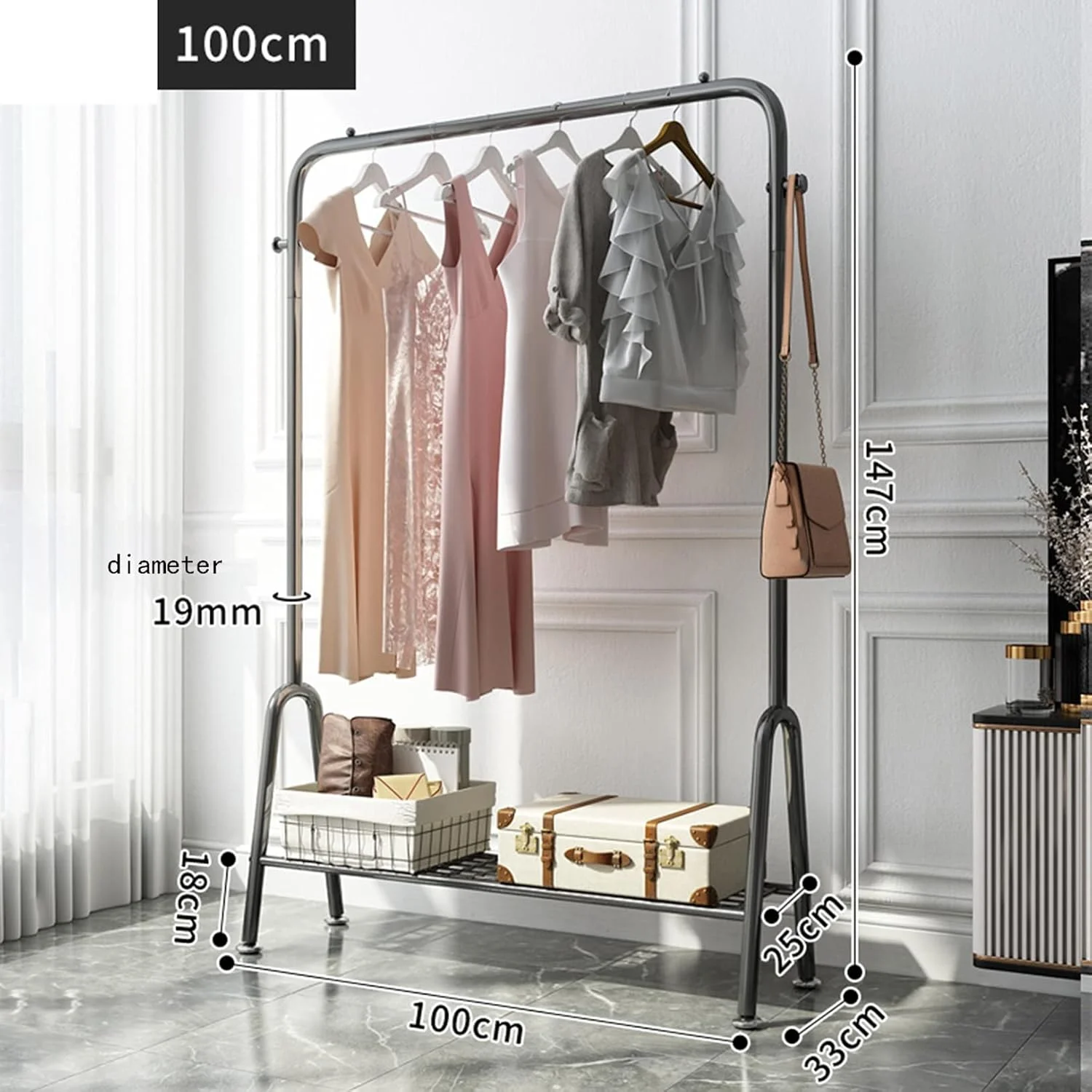 رگال لباس فلزی سنگین - رگال محکم برای خشک کردن و نگهداری لباس با میله بالایی و قفسه کفش - چوب لباسی 150 سانتی متری برای استفاده در منزل و فروشگاه (A-100 سانتی متر)