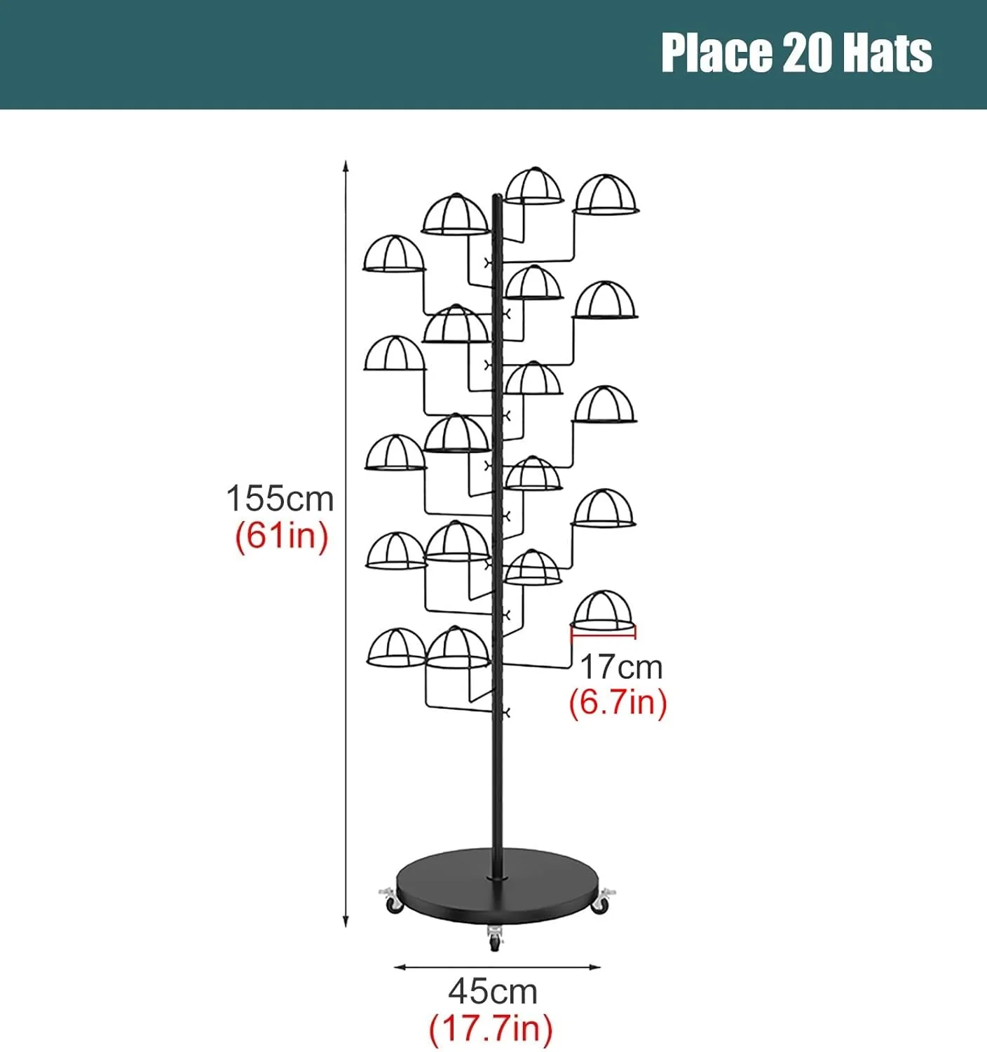 کابینت نمایش کلاه، قفسه نگهداری و سازمان دهنده کلاه با چرخ - استند نمایش چند لایه، برای کلاه‌های کابویی/کلاه‌گیس - قفسه درختی کلاه تجاری، با قابلیت جابجایی