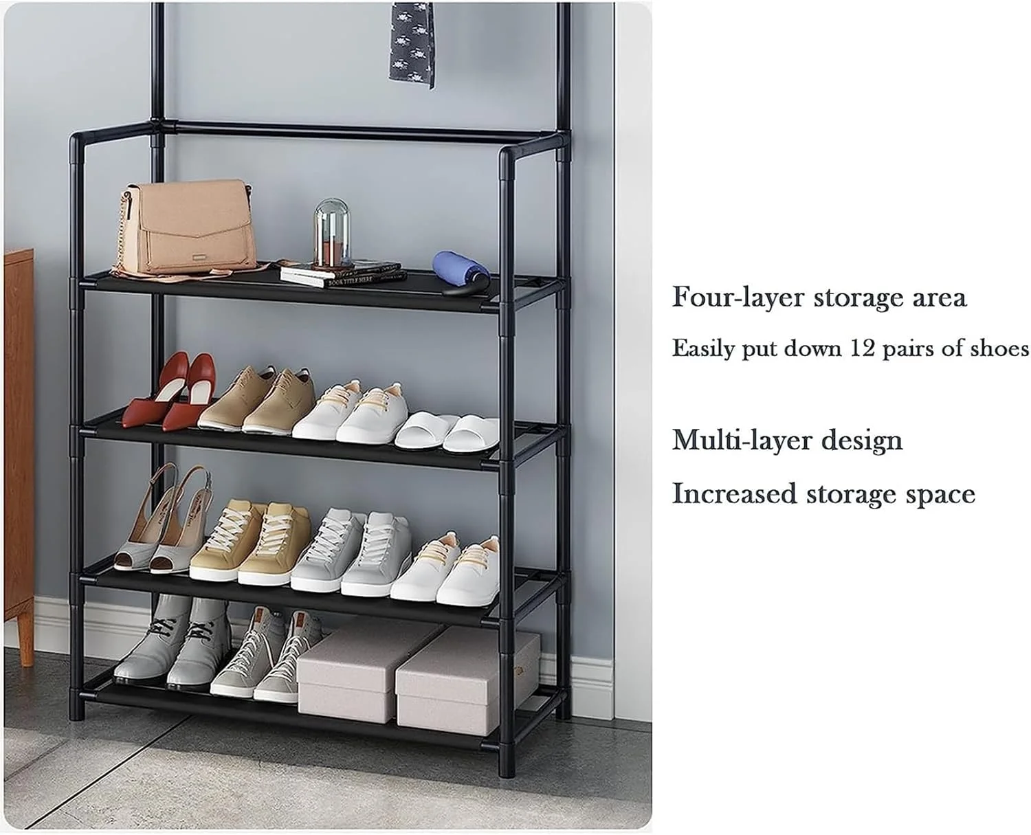 رخت آویز ایستاده فلزی 2 در 1 به همراه قفسه برای ورودی، اتاق نشیمن، اتاق خواب و راهرو - سفید (مشکی)