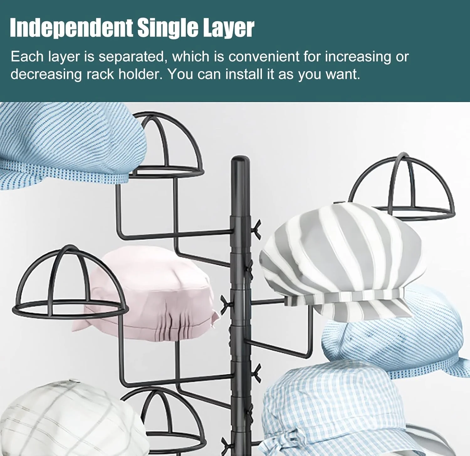 کابینت نمایش کلاه، قفسه نگهداری و سازمان دهنده کلاه با چرخ - استند نمایش چند لایه، برای کلاه‌های کابویی/کلاه‌گیس - قفسه درختی کلاه تجاری، با قابلیت جابجایی