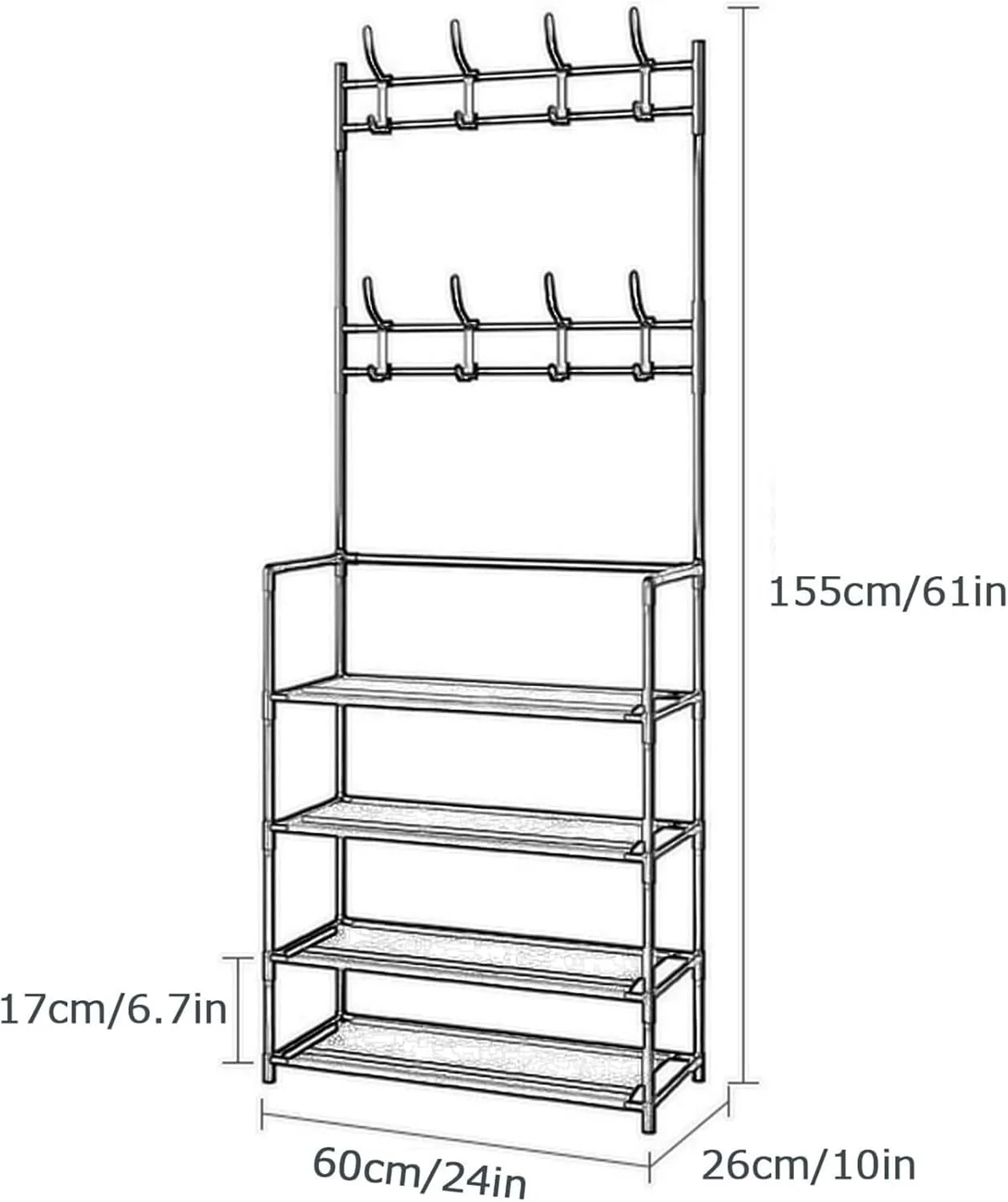 رخت آویز ایستاده فلزی 2 در 1 به همراه قفسه برای ورودی، اتاق نشیمن، اتاق خواب و راهرو - سفید (مشکی)