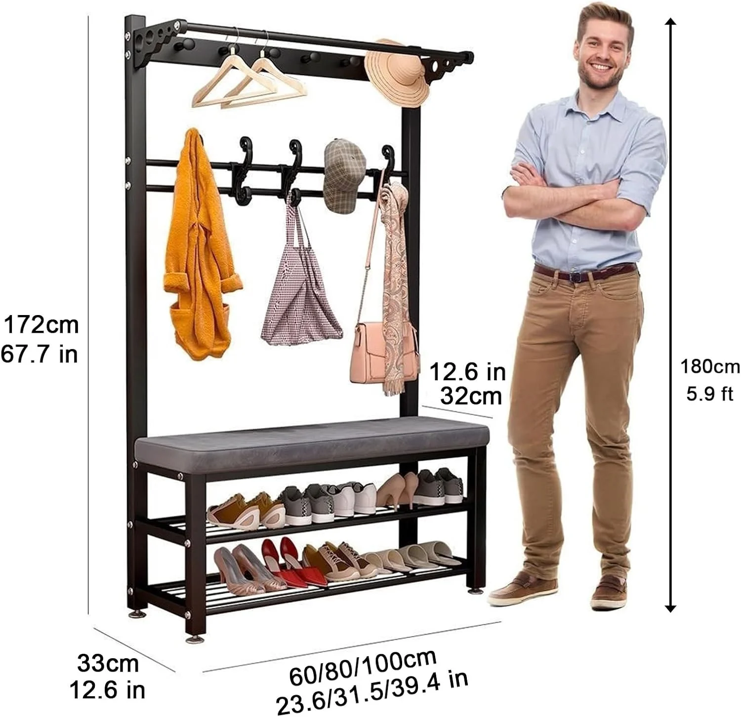 رخت آویز فلزی سنگین با نیمکت کفش و آویز، 4 در 1، ایستاده، مناسب برای لباس، کیف، کلاه - ایده آل برای ورودی منزل، راهرو (سفید - 80x32x172 سانتی متر)