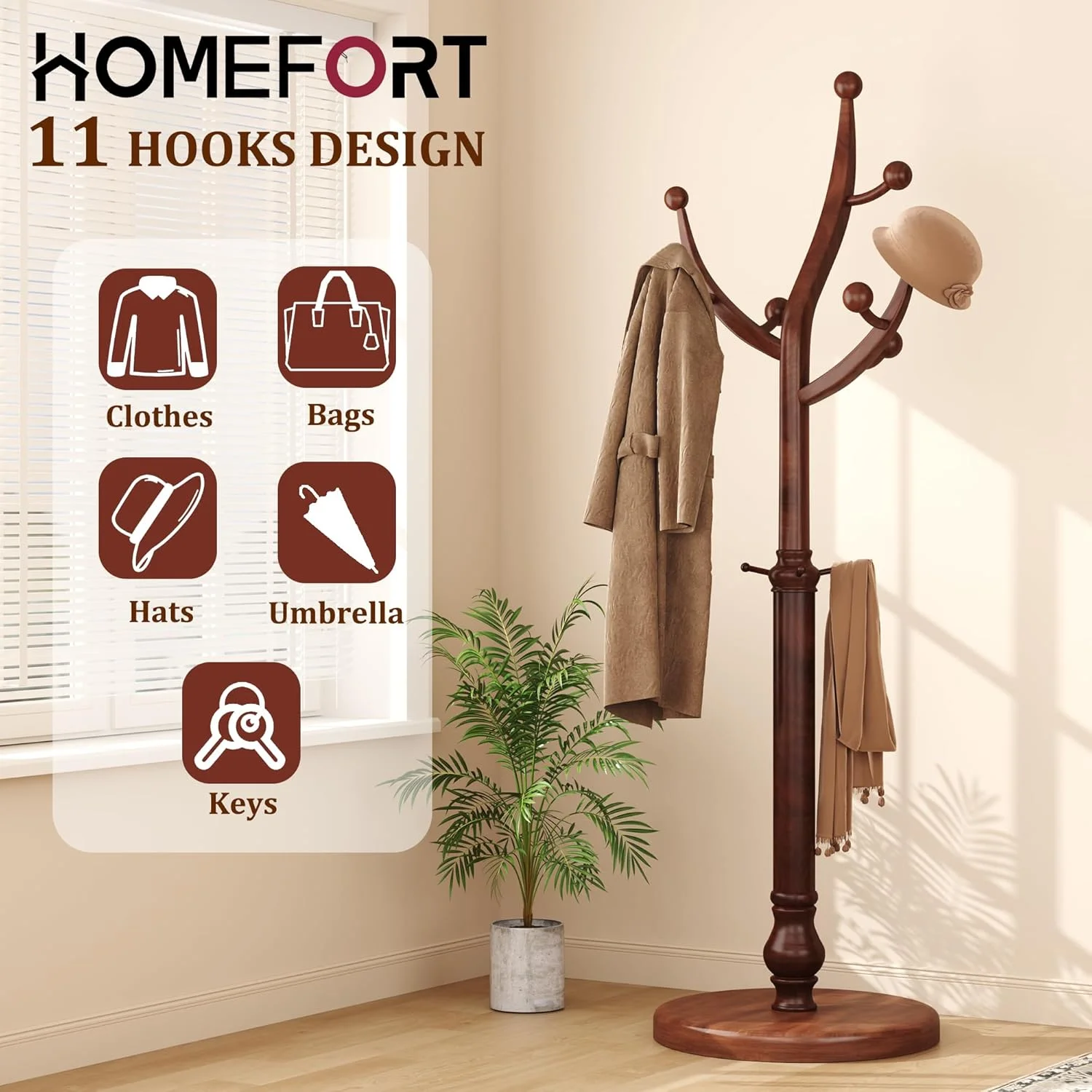 چوب لباسی ایستاده HOMEFORT، چوب لباسی چوبی با 11 آویز، چوب لباسی چوبی رابر با پایه گرد محکم، جالباسی کلاه وینتیج برای ورودی، راهرو، اتاق خواب، گردویی چوب لباسی ایستاده HOMEFORT، چوب لباسی چوبی با 11 آویز، چوب لباسی چوبی رابر با پایه گرد محکم، جالباسی کلاه وینتیج برای ورودی، راهرو، اتاق خواب، گردویی