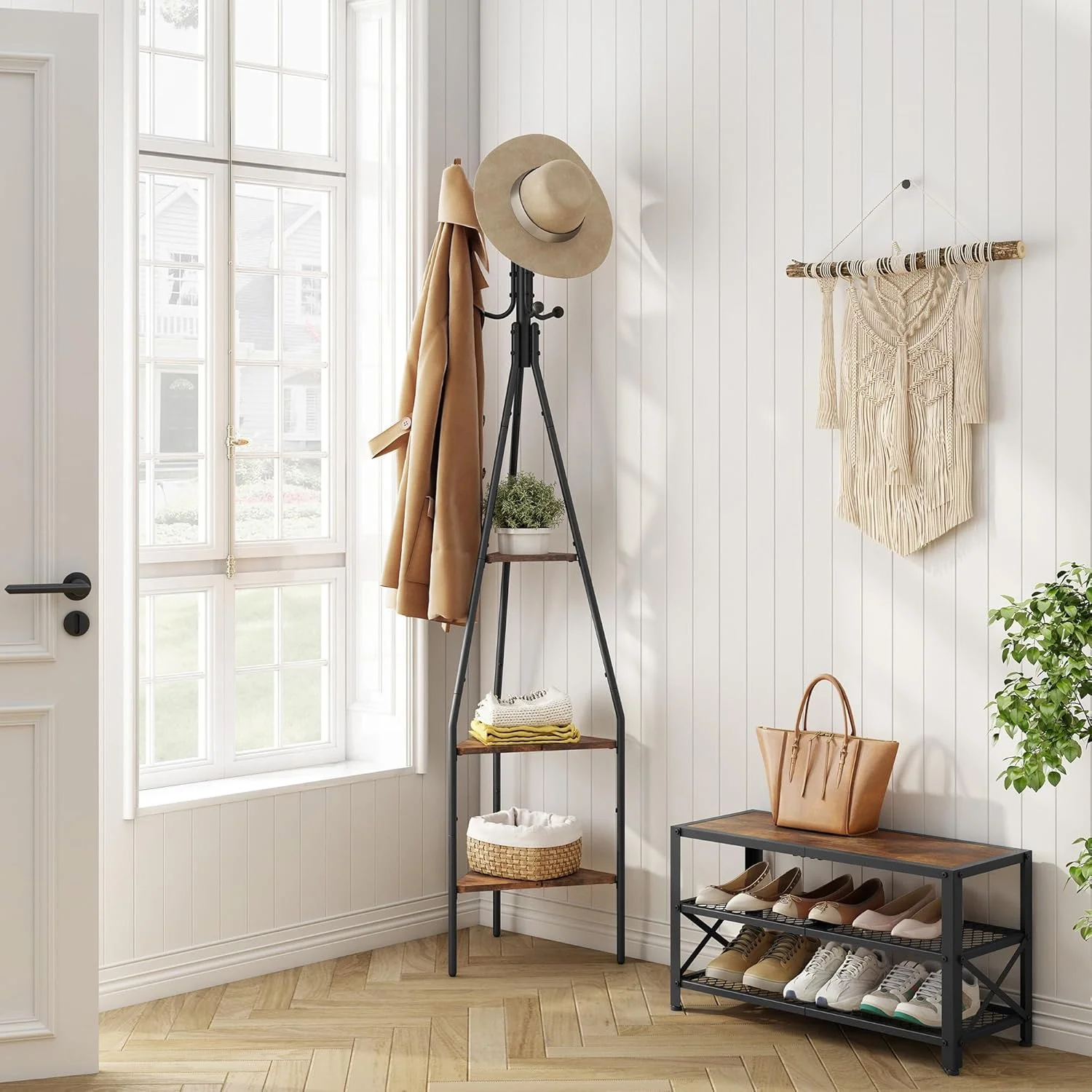 جالباسی ایستاده سه طبقه هوکتیون با قلاب، جالباسی مدرن ایستاده با قفسه، محل نگهداری لباس، کلاه، کیف