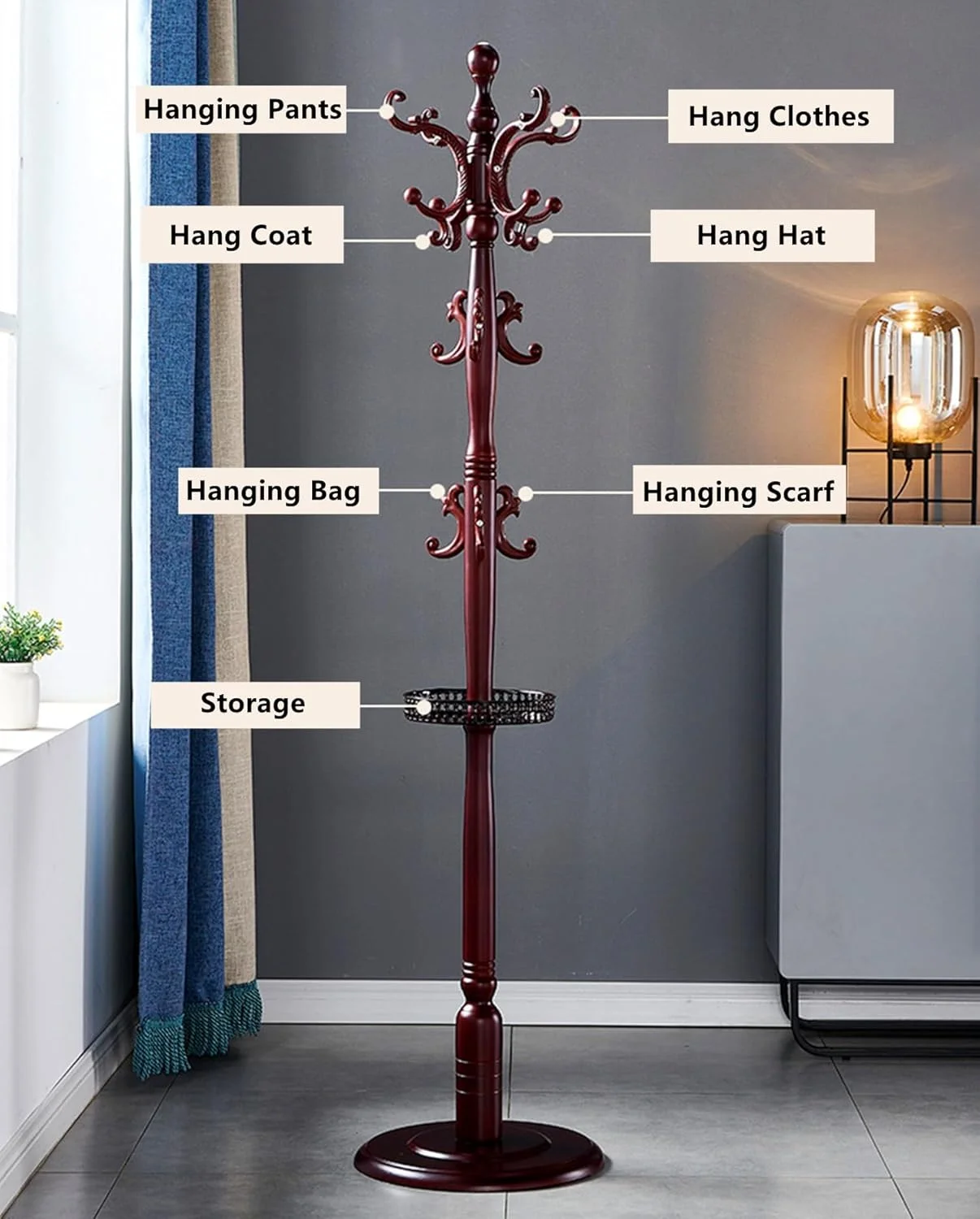 جالباسی ایستاده لوکس، جالباسی چوبی با کیفیت بالا با 18 آویز و 3 اندازه قابل تنظیم، مناسب برای کلاه، پالتو، شال گردن و کیف دستی