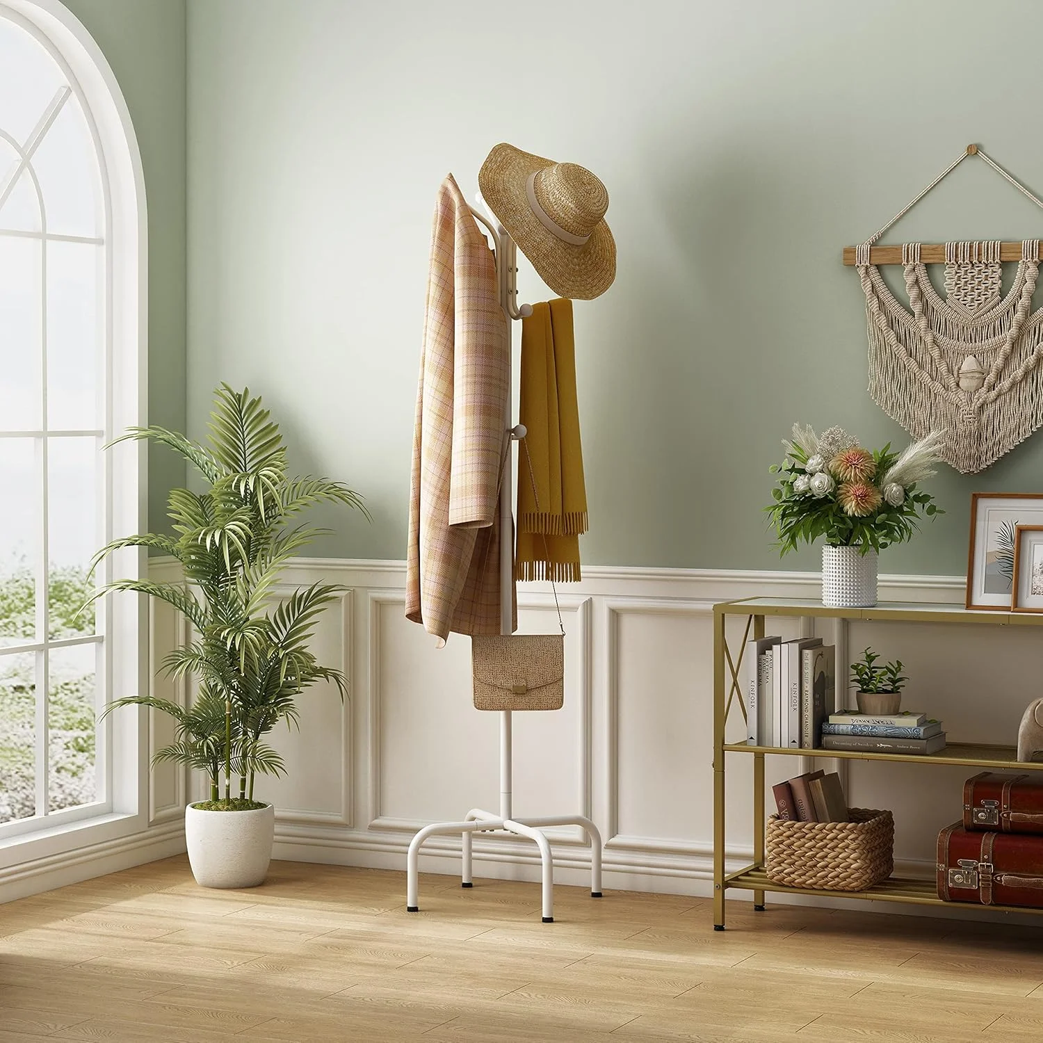رخت آویز ایستاده Hoctieon، رخت آویز ورودی با 12 چنگک، آویز لباس، رخت آویز فلزی ایستاده، استند لباس، رخت آویز ایستاده، سفید