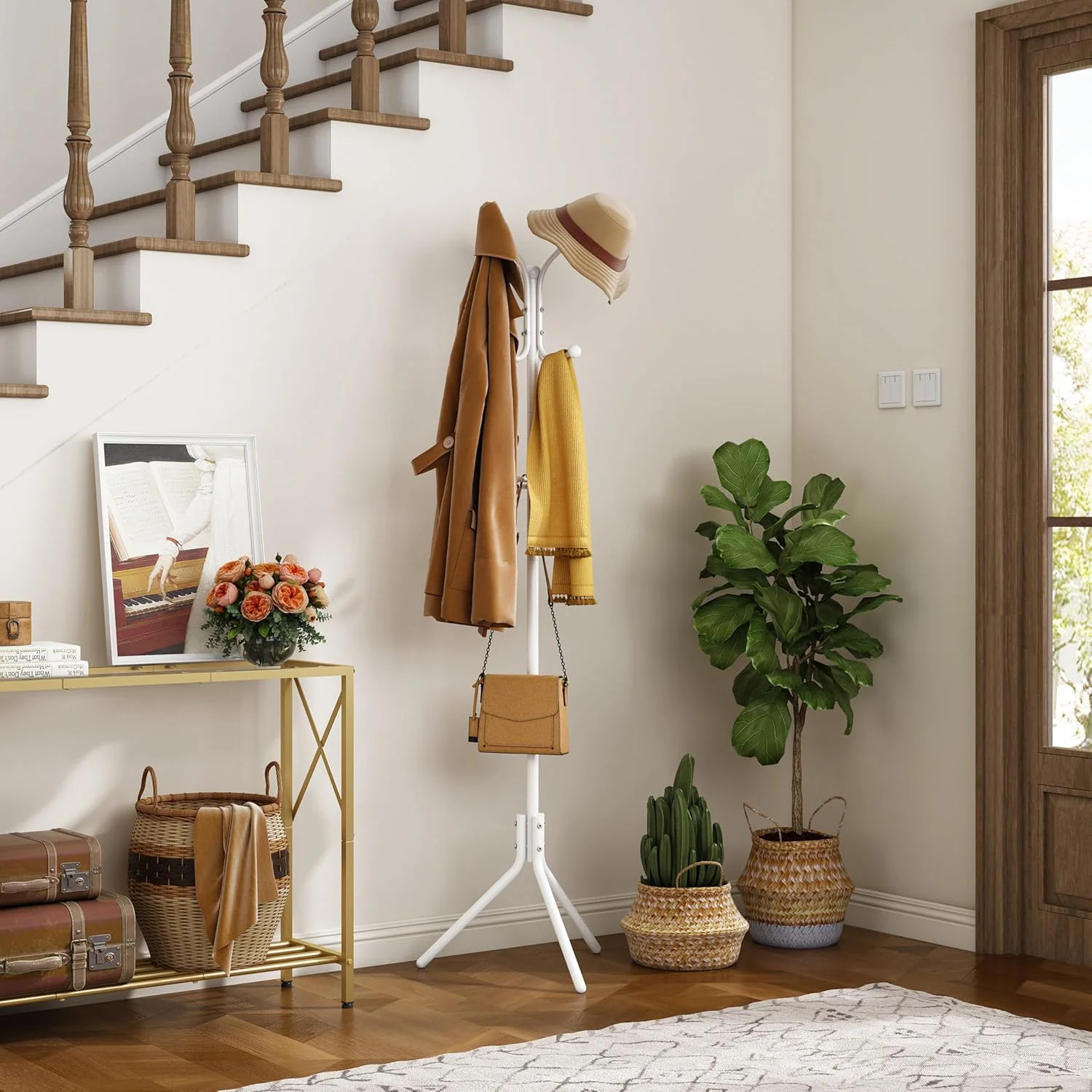 جالباسی ایستاده هوکتیون، آویز لباس سنگین با 12 قلاب، مناسب ورودی منزل، جالباسی زمینی، رخت آویز، سفید