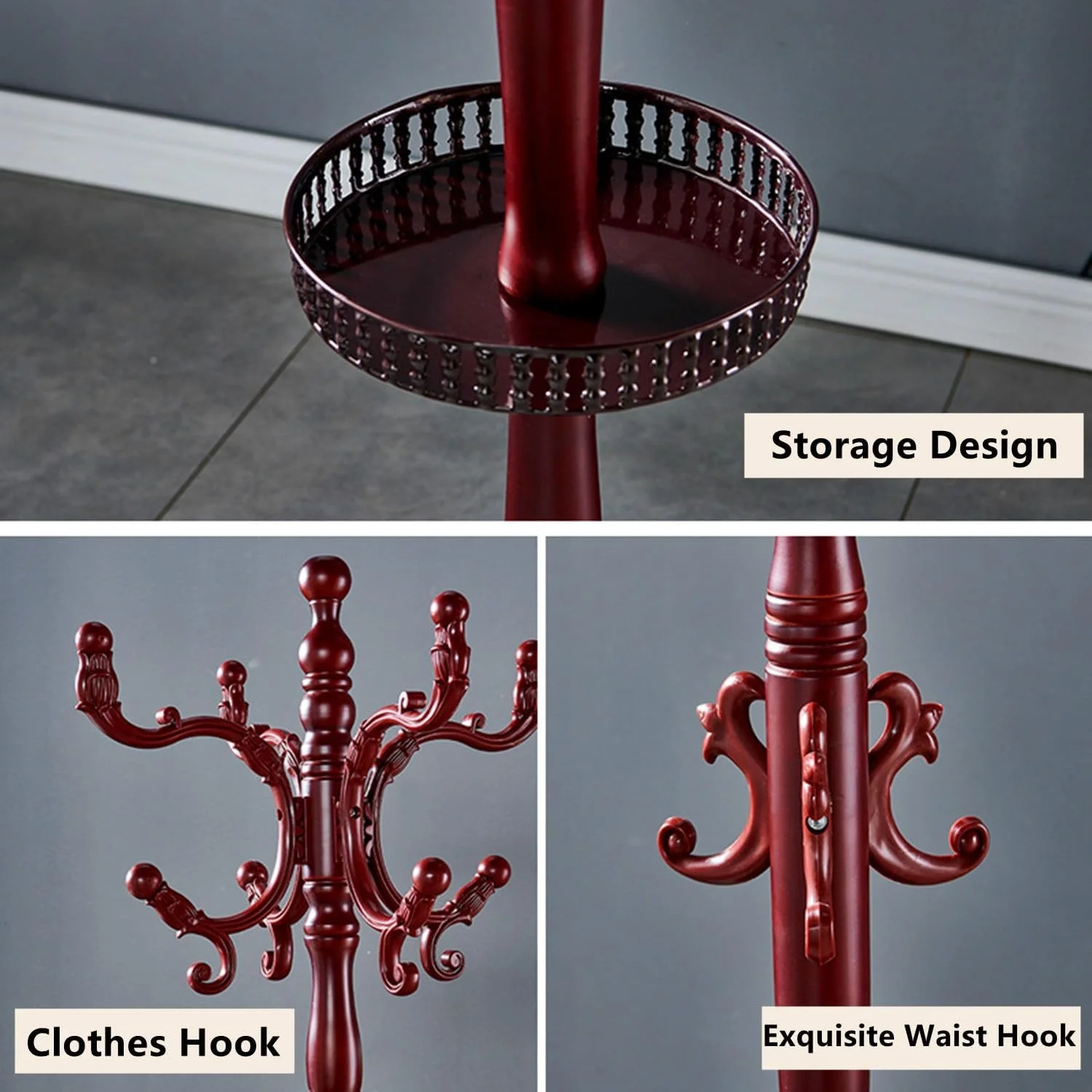 جالباسی ایستاده لوکس، جالباسی چوبی با کیفیت بالا با 18 آویز و 3 اندازه قابل تنظیم، مناسب برای کلاه، پالتو، شال گردن و کیف دستی