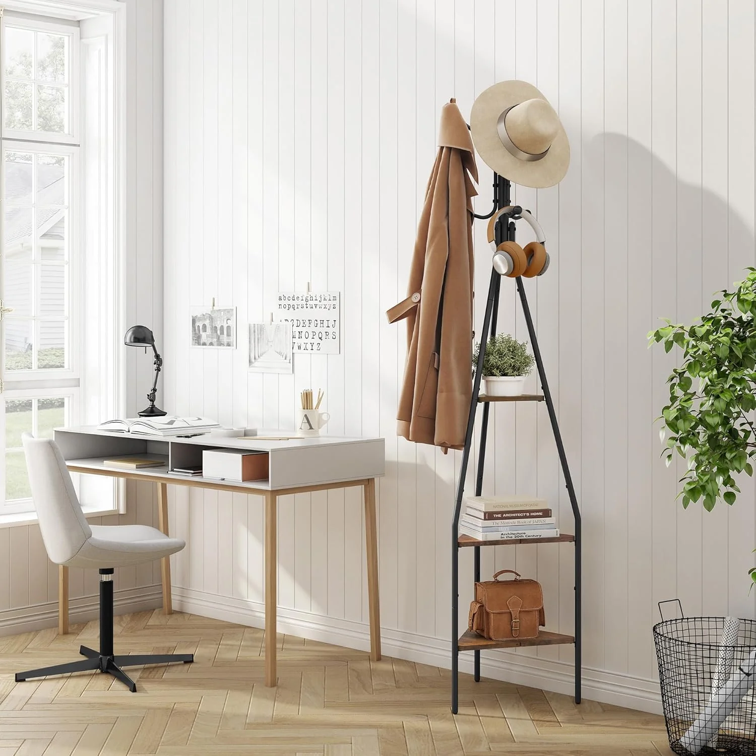 جالباسی ایستاده سه طبقه هوکتیون با قلاب، جالباسی مدرن ایستاده با قفسه، محل نگهداری لباس، کلاه، کیف