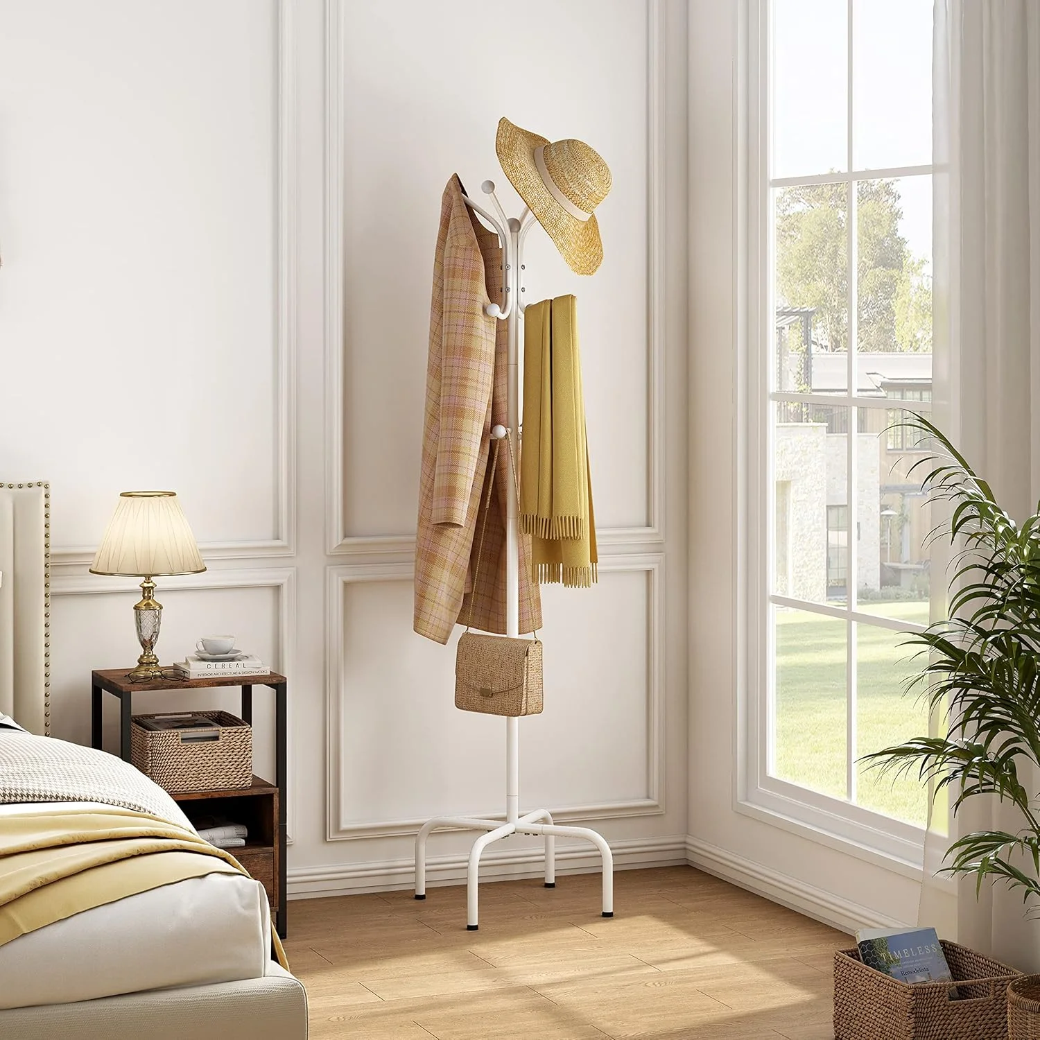 رخت آویز ایستاده Hoctieon، رخت آویز ورودی با 12 چنگک، آویز لباس، رخت آویز فلزی ایستاده، استند لباس، رخت آویز ایستاده، سفید