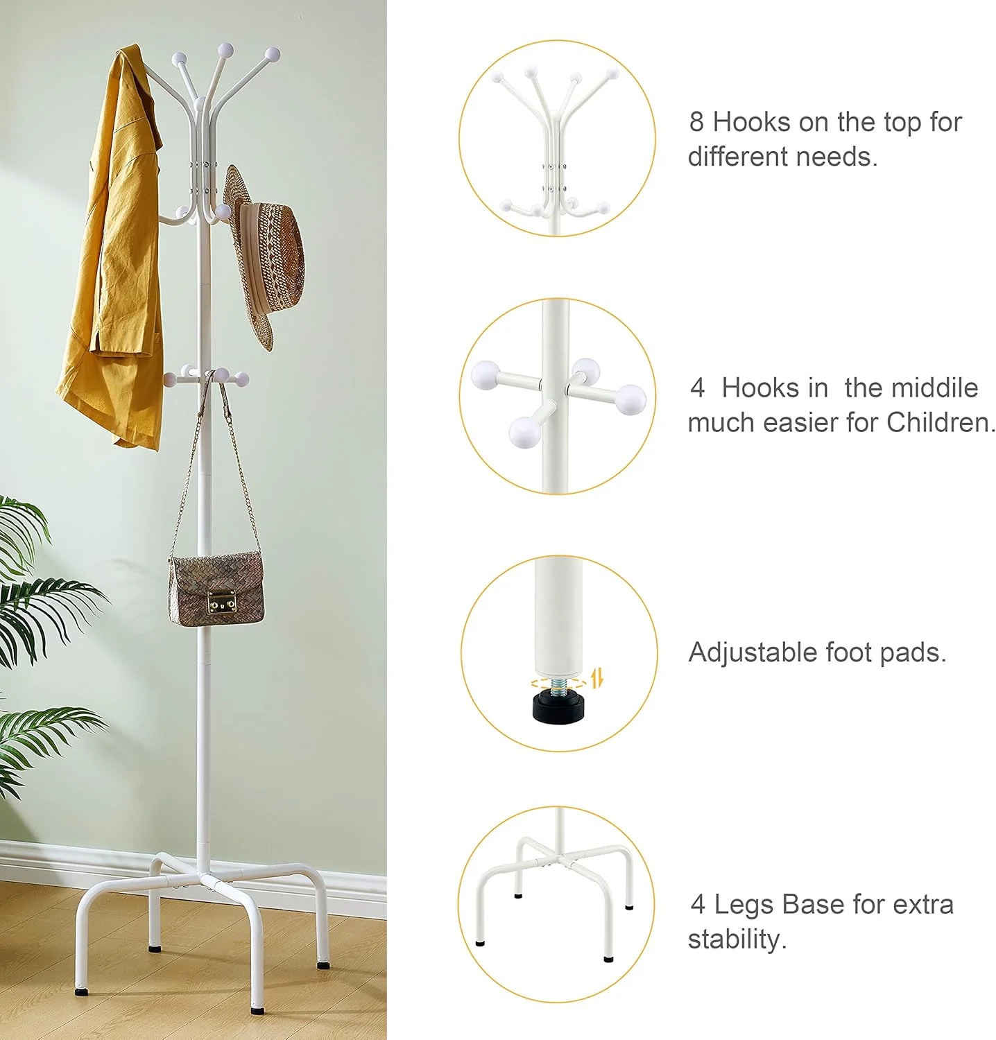 رخت آویز ایستاده Hoctieon، رخت آویز ورودی با 12 چنگک، آویز لباس، رخت آویز فلزی ایستاده، استند لباس، رخت آویز ایستاده، سفید